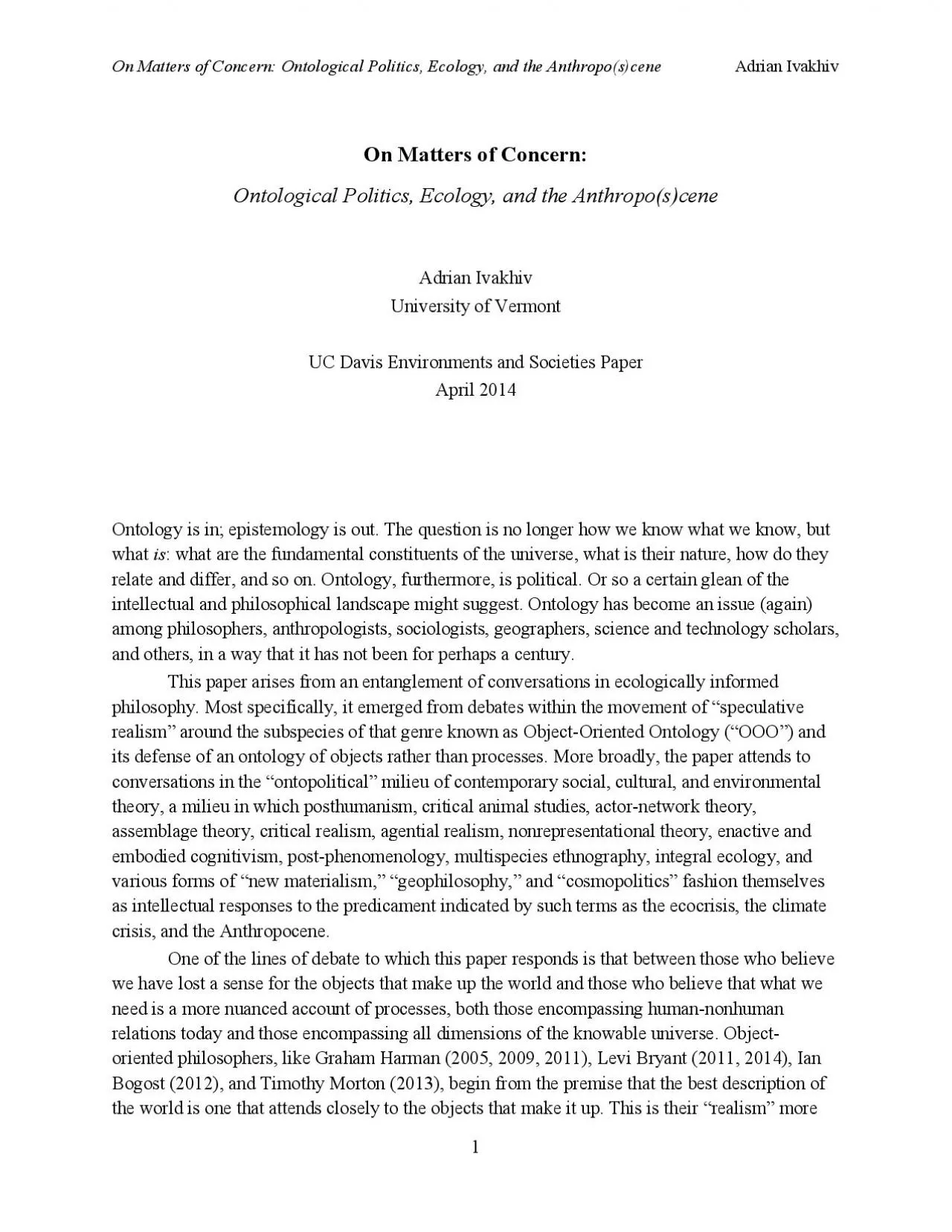 PDF-On Matters of Concern: Ontological Politics, Ecology, and the Anthropo