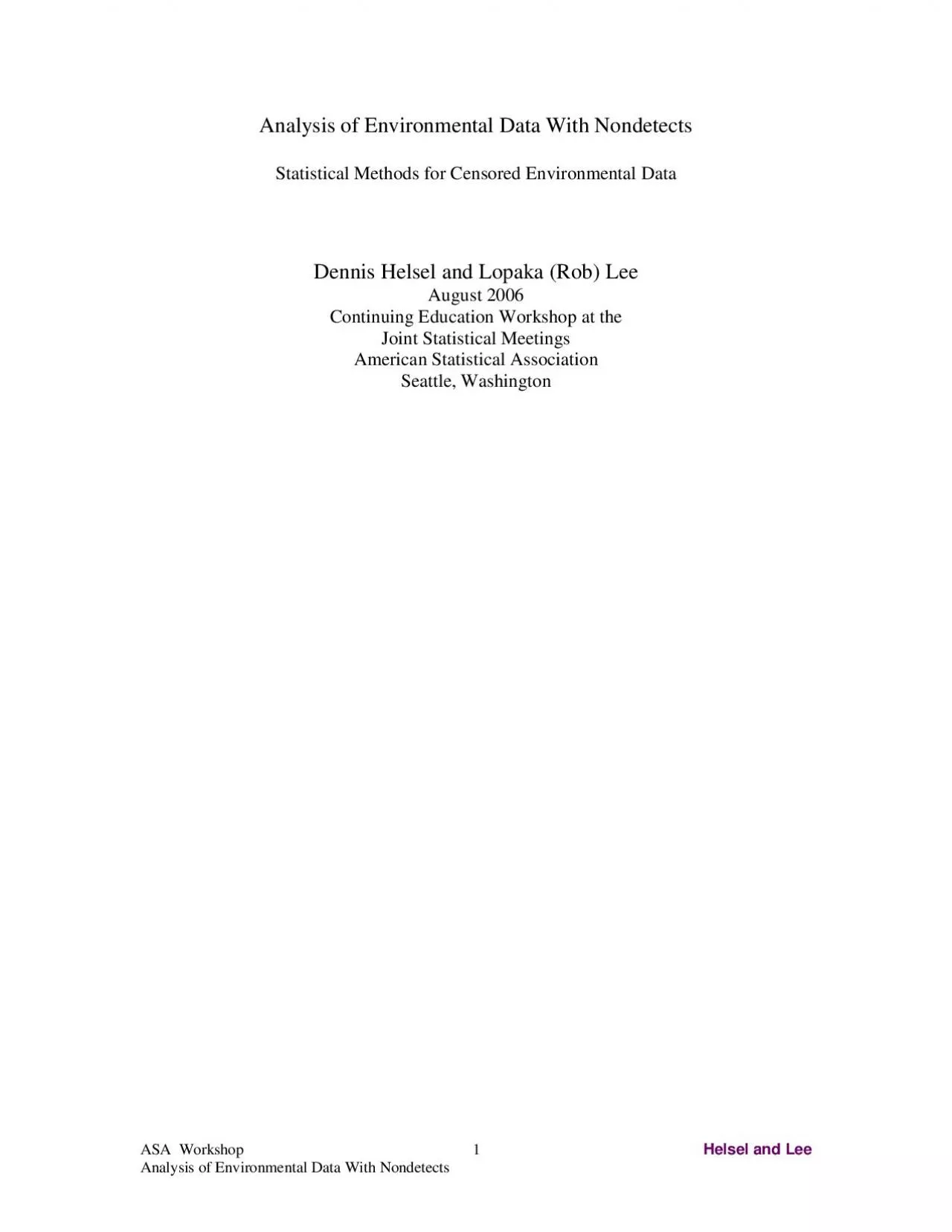 PDF-ASA Workshop Helsel and Lee Analysis of Environmental Data With Nond