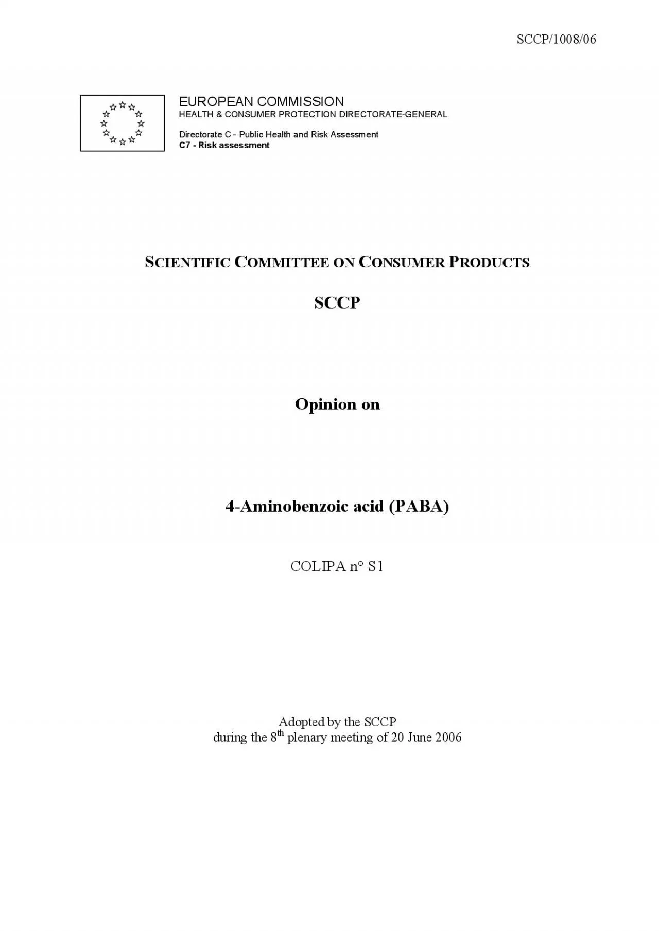 PDF-SCCP/1008/06 Opinion on 4-Aminobenzoic acid (PABA) 1. BACKGROUND