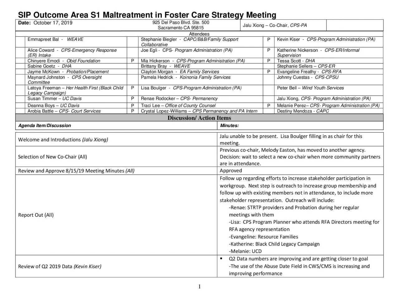 PDF-SIP Outcome Area S1 Maltreatment in Foster CareStrategyMeeting ...