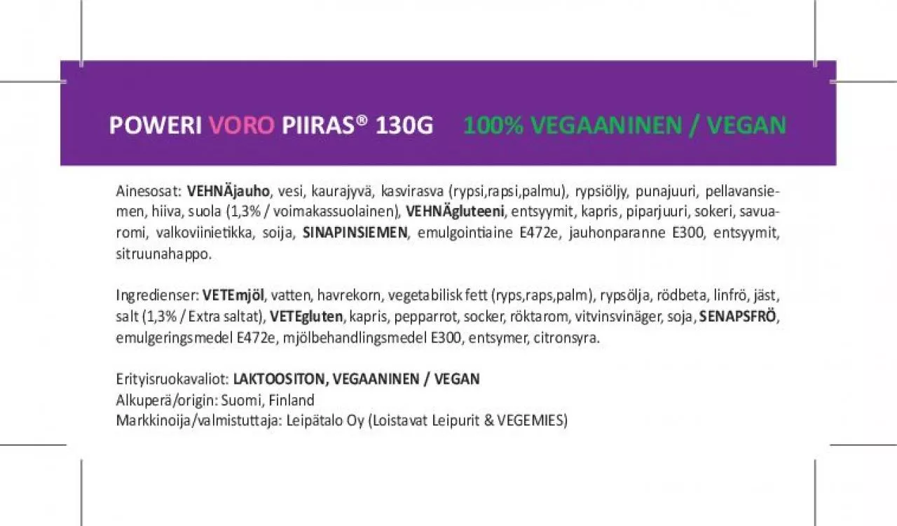 PDF-Ainesosat: , vesi, kaurajyvä, kasvirasva (rypsi,rapsi,palmu), rypsiö