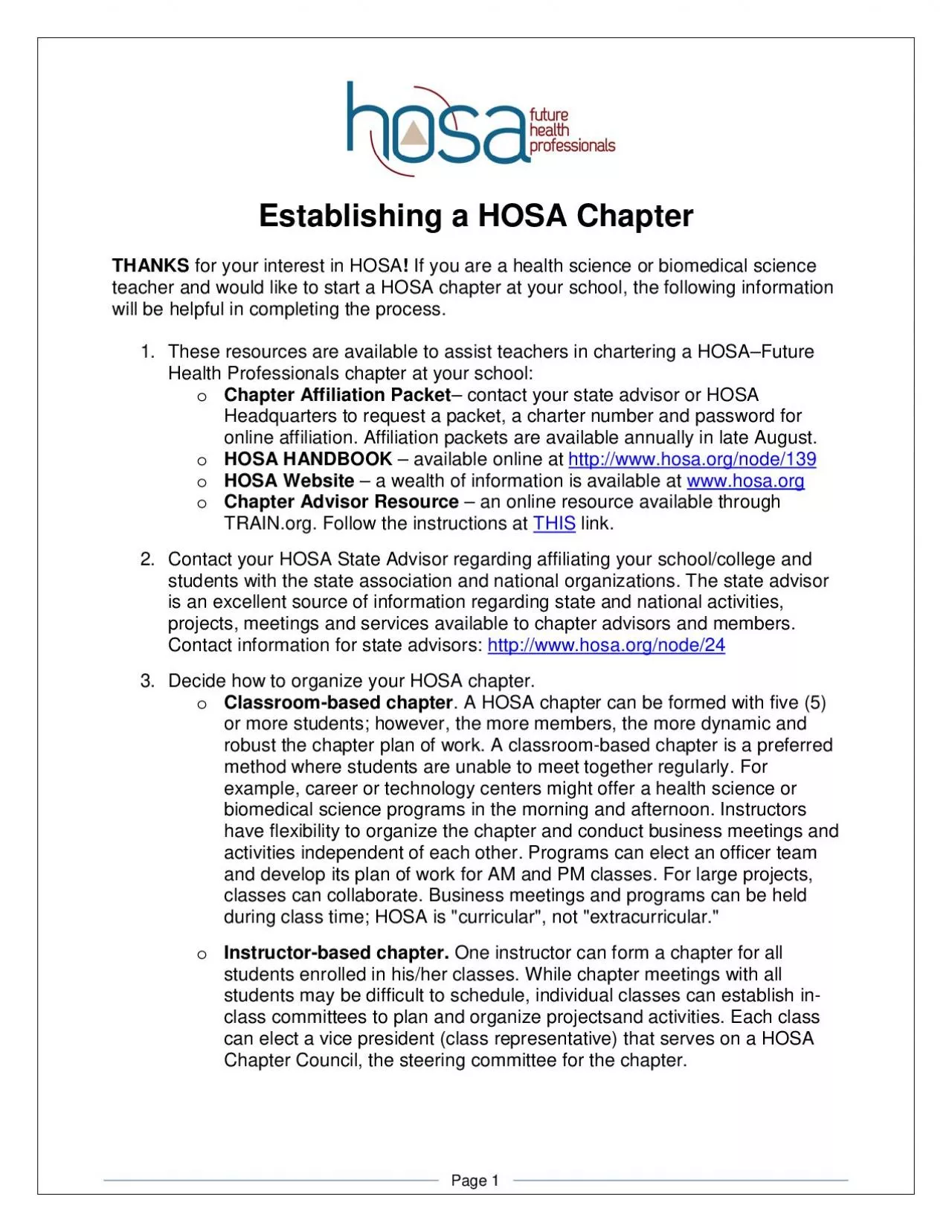 PDF-Establishing a HOSA ChapterTHANKS for your interest in HOSAIf you are