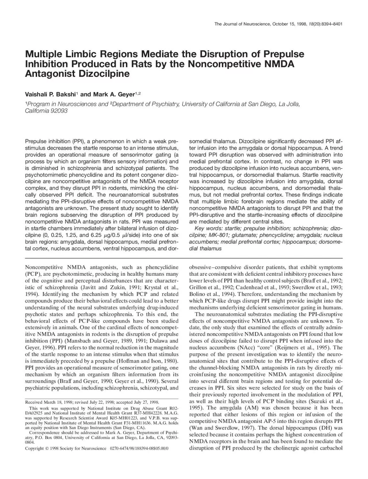 PDF-MultipleLimbicRegionsMediatetheDisruptionofPrepulseInhibitionProducedi