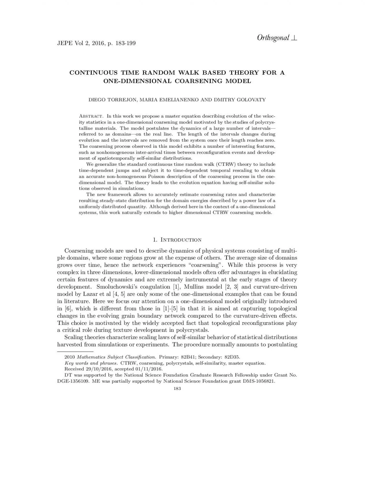 PDF-CONTINUOUSTIMERANDOMWALKBASEDTHEORYFORAONE-DIMENSIONALCOARSENINGMODELD