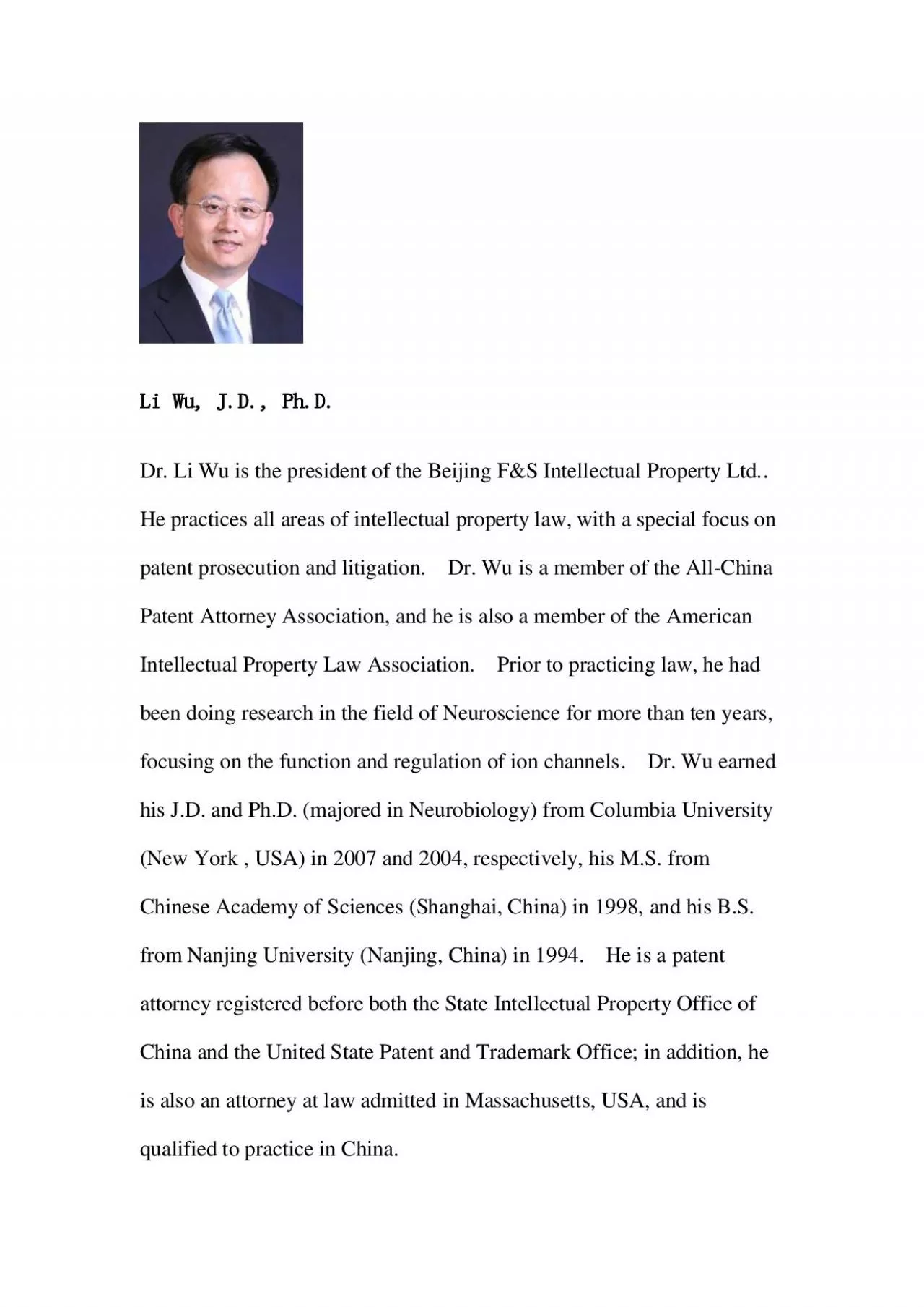 PDF-Dr. Li Wu is the president of the Beijing F&S Intellectual Property Lt