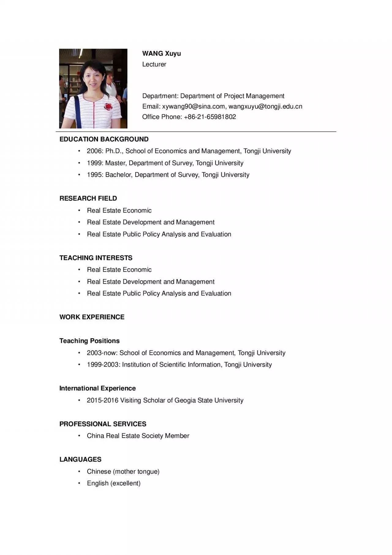 PDF-WANG Xuyu Lecturer Department: Department of Project Management Email: