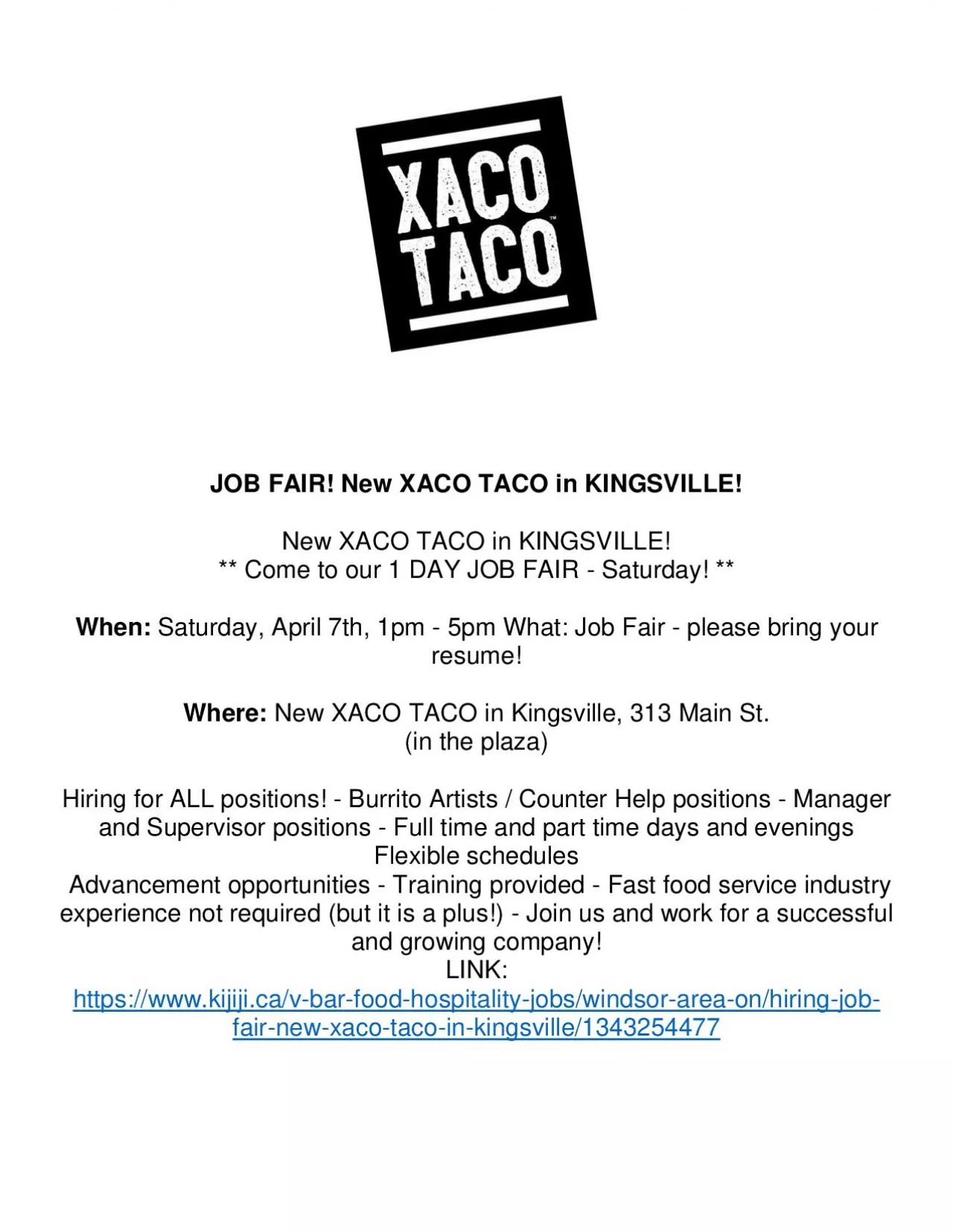 PDF-JOB FAIR! New XACO TACO in KINGSVILLE!