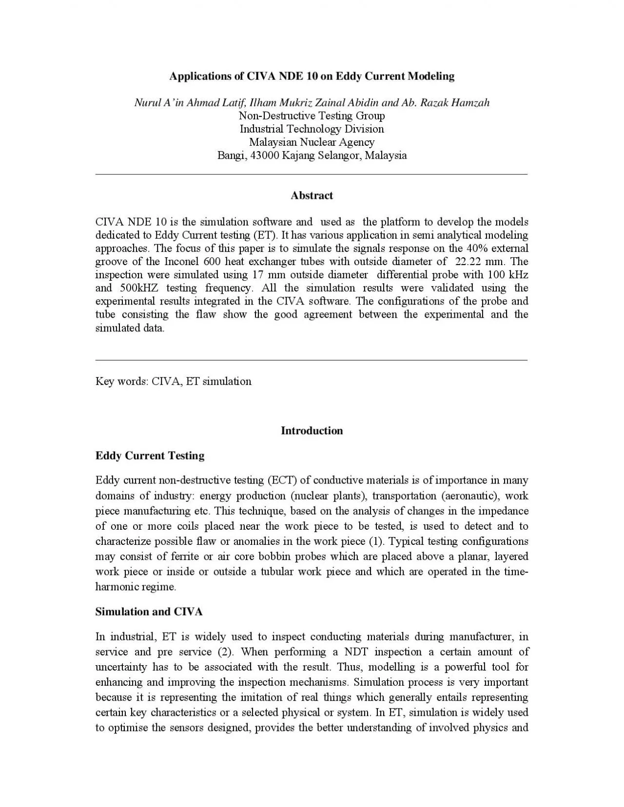 PDF-Applications of CIVA NDE 10 on Eddy Current Modeling Nurul A