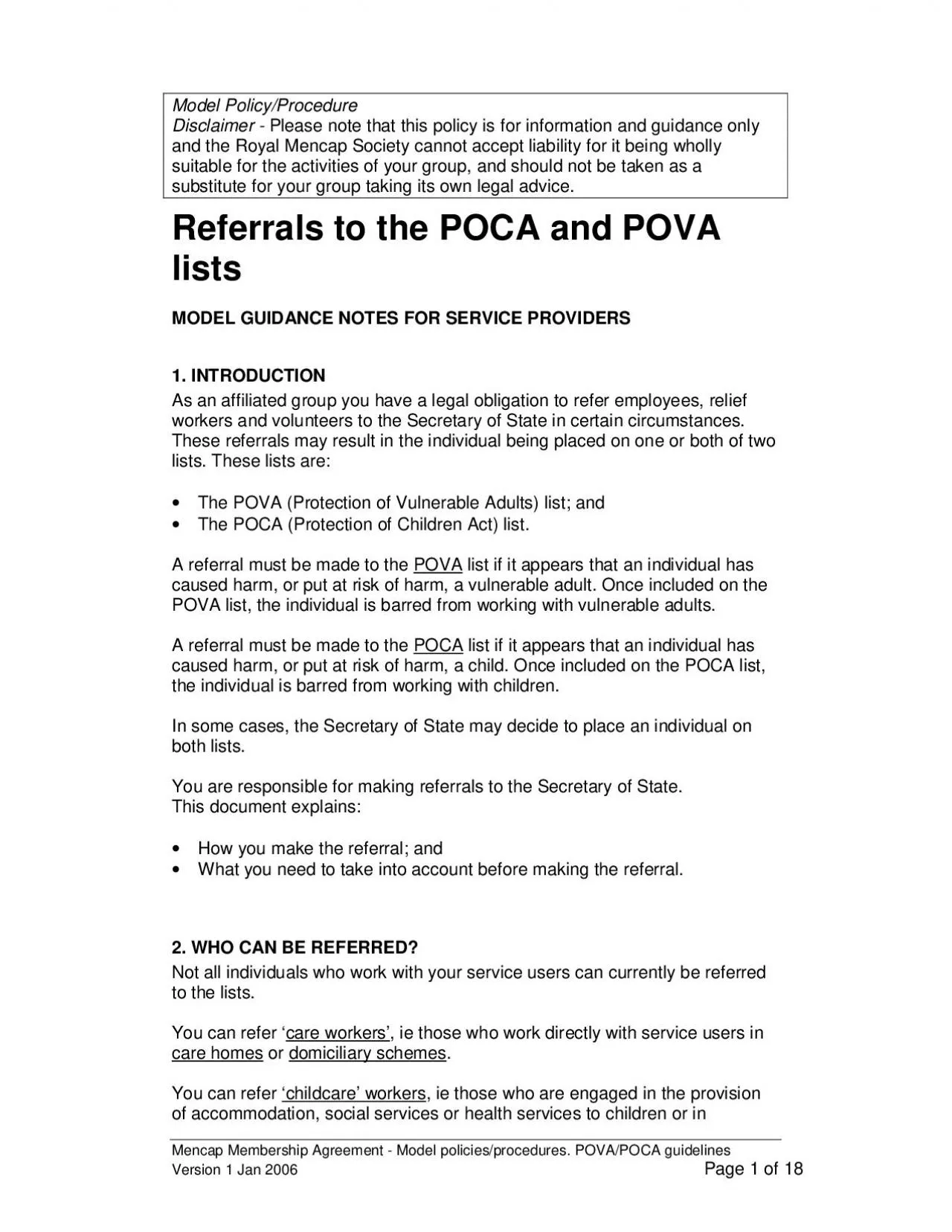 PDF-Mencap Membership Agreement - Model policies/procedures. POVA/POCA gui