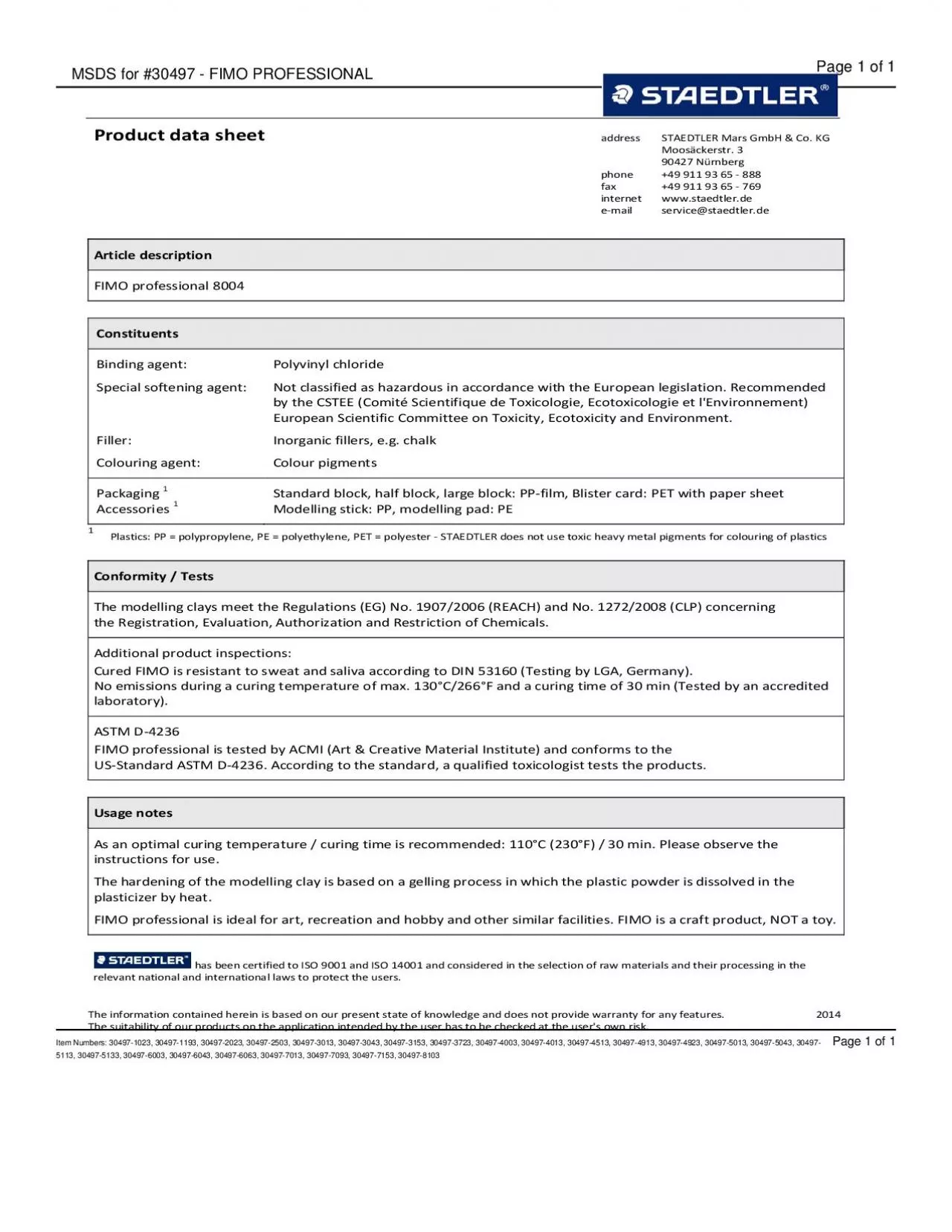 PDF-MSDS for #30497 - FIMO PROFESSIONAL