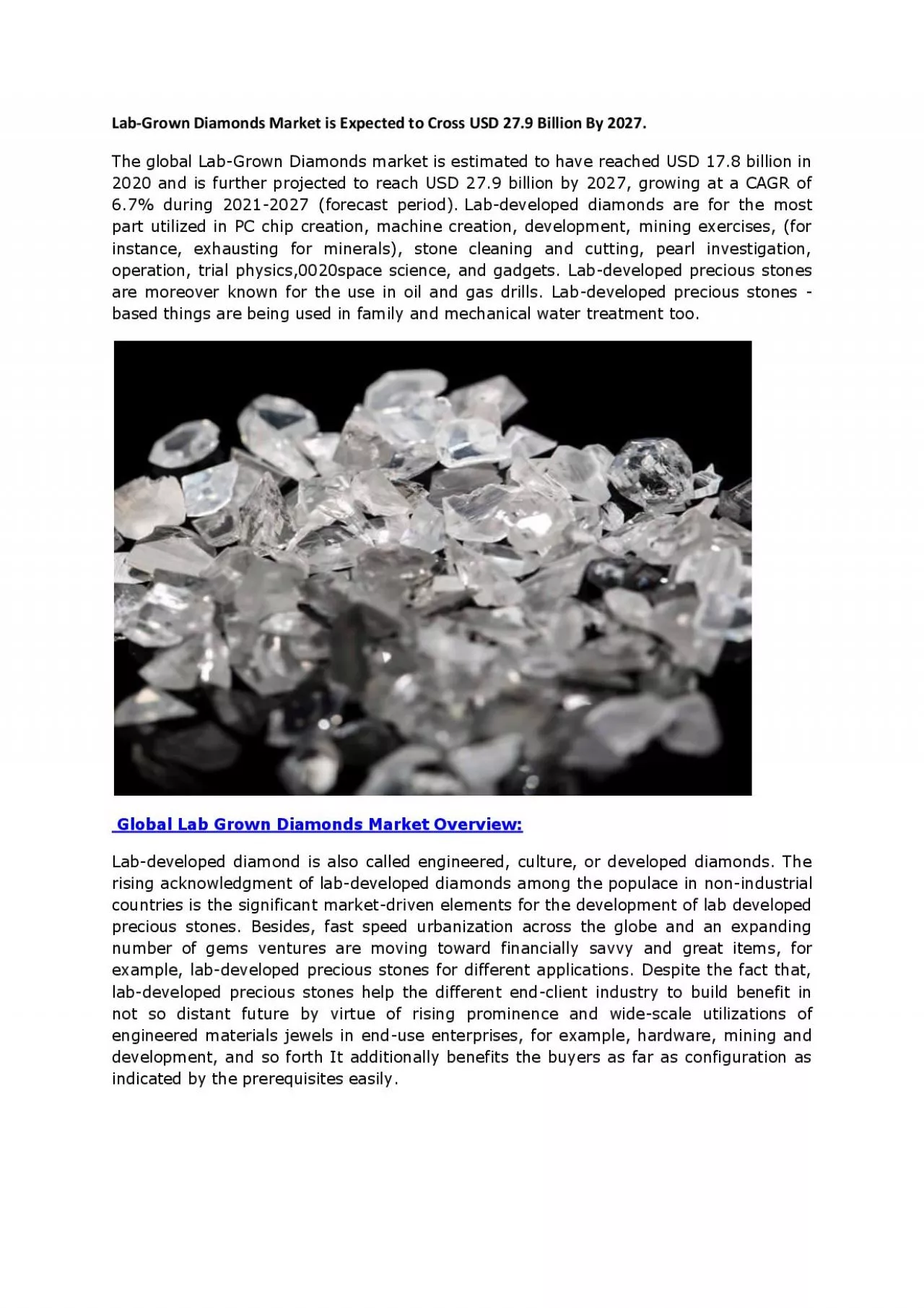 PDF-Lab-Grown Diamonds Market is Expected to Cross USD 27.9 Billion By 2027.