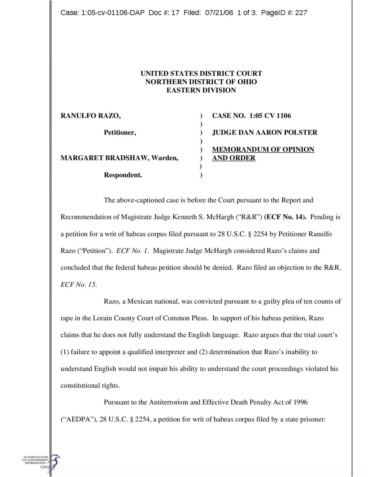 PDF-Case: 1:05-cv-01106-DAP Doc #: 17 Filed: 07/21/06 1 of 3. PageID