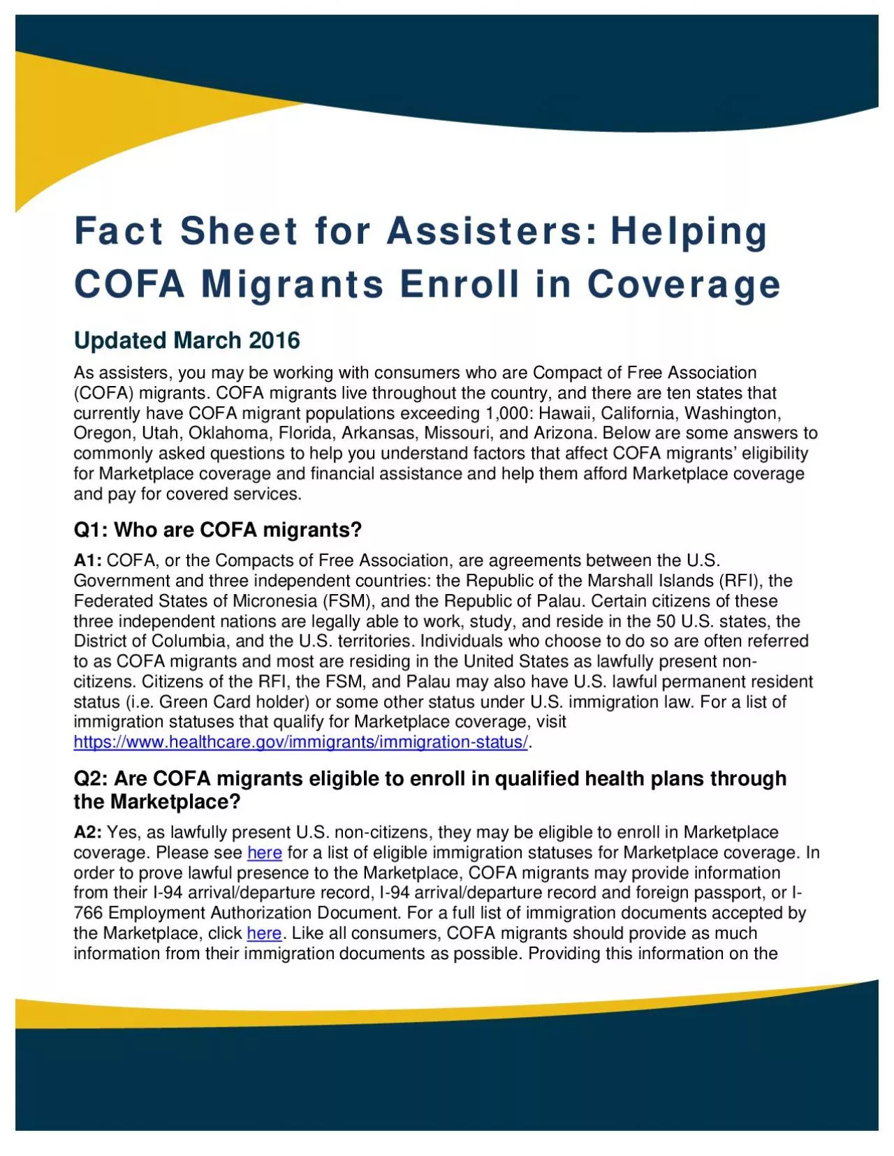 PDF-Q2: Are COFA migrants eligible to enroll in qualified health plansthro