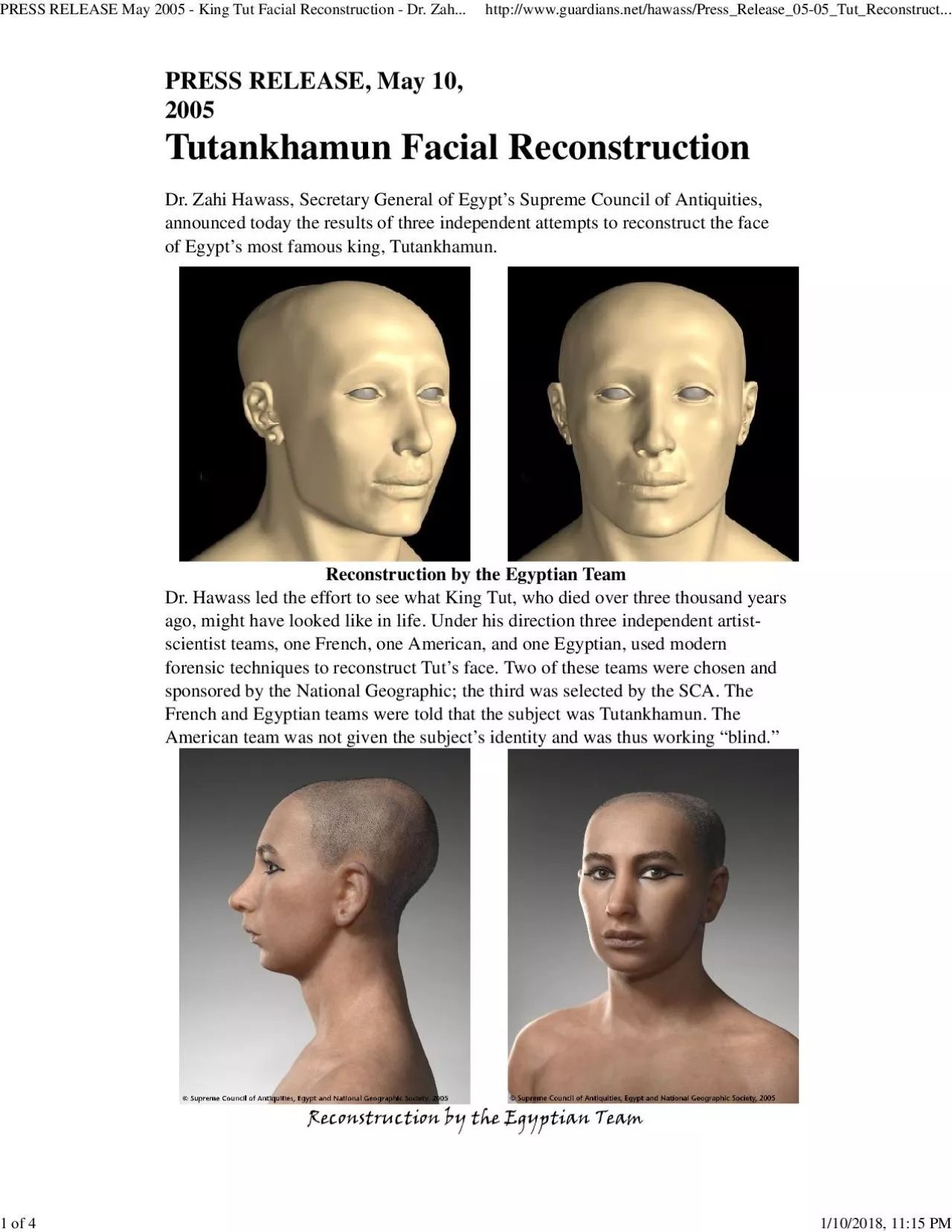 PDF-PRESS RELEASE, May 10,2005Tutankhamun Facial ReconstructionDr. Zahi Ha