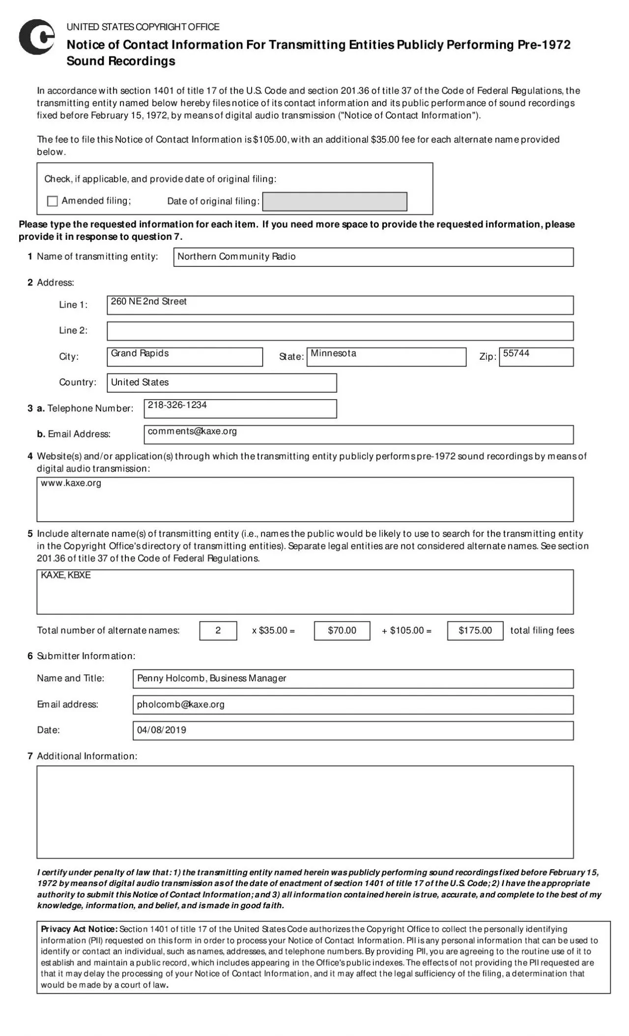 PDF-UNITED STATES COPYRIGHT OFFICENotice of Contact Information For Transm