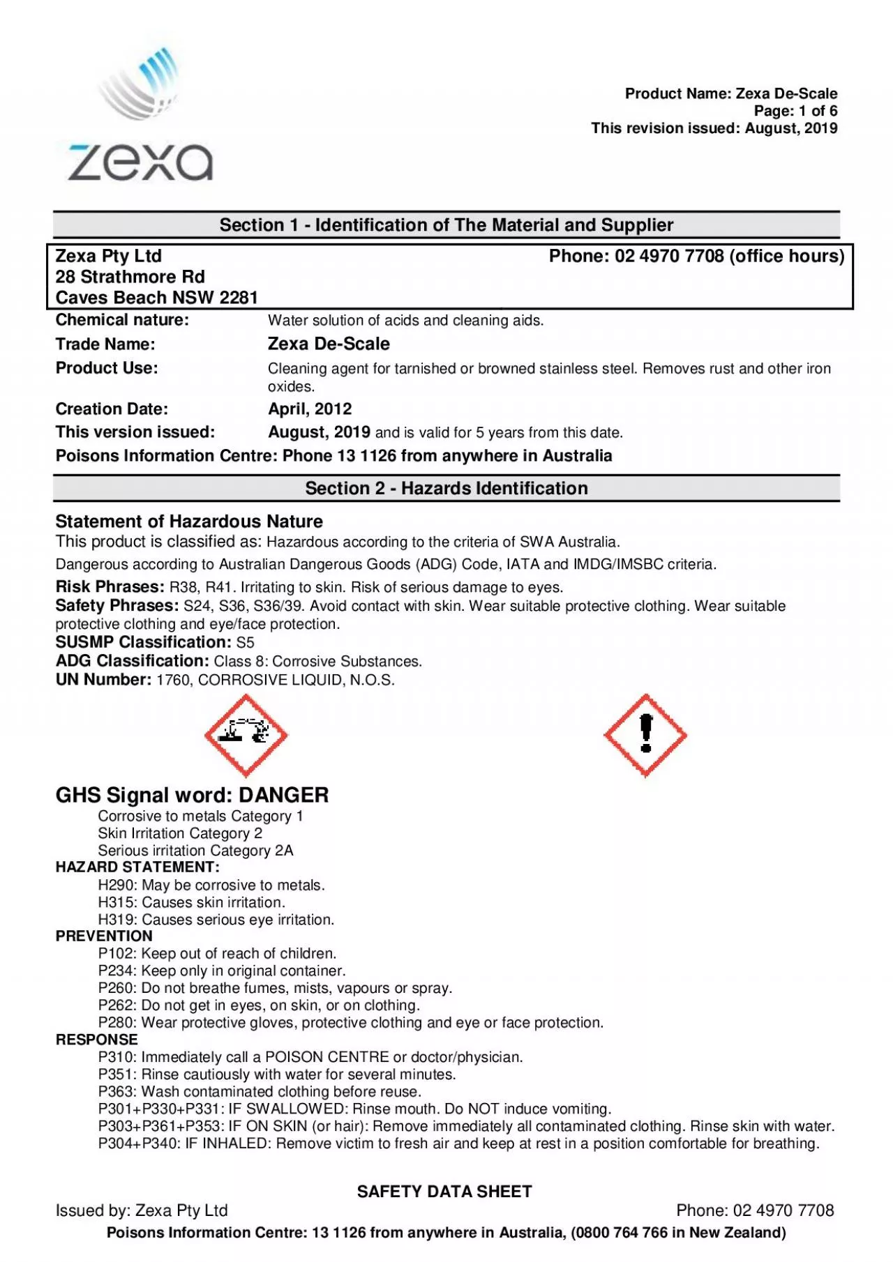 PDF-Product Name: Zexa De-Scale Page: 1 6 This revision issued: August, 20