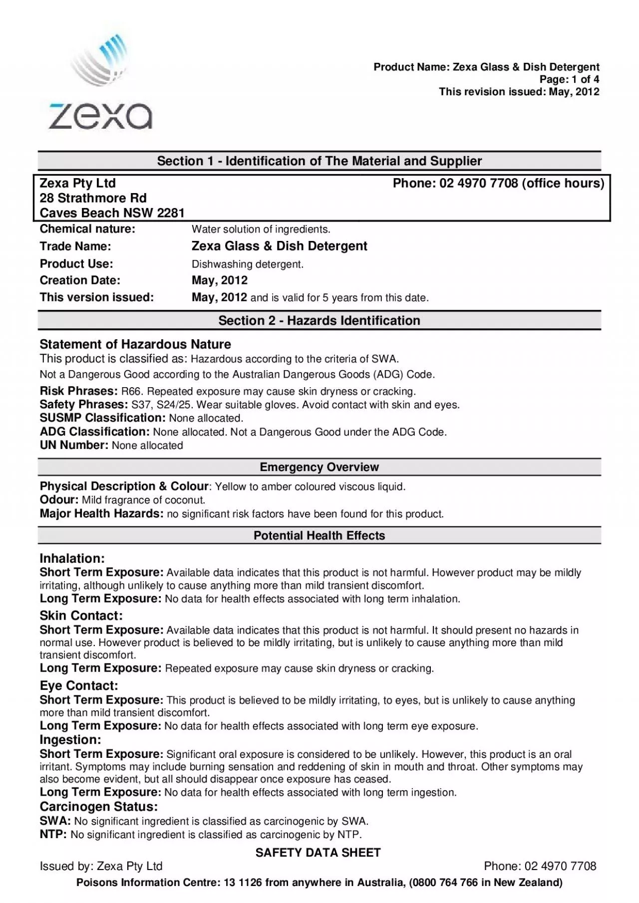 PDF-Product Name: Zexa Glass & Dish DetergentThis revision issued: May, 20