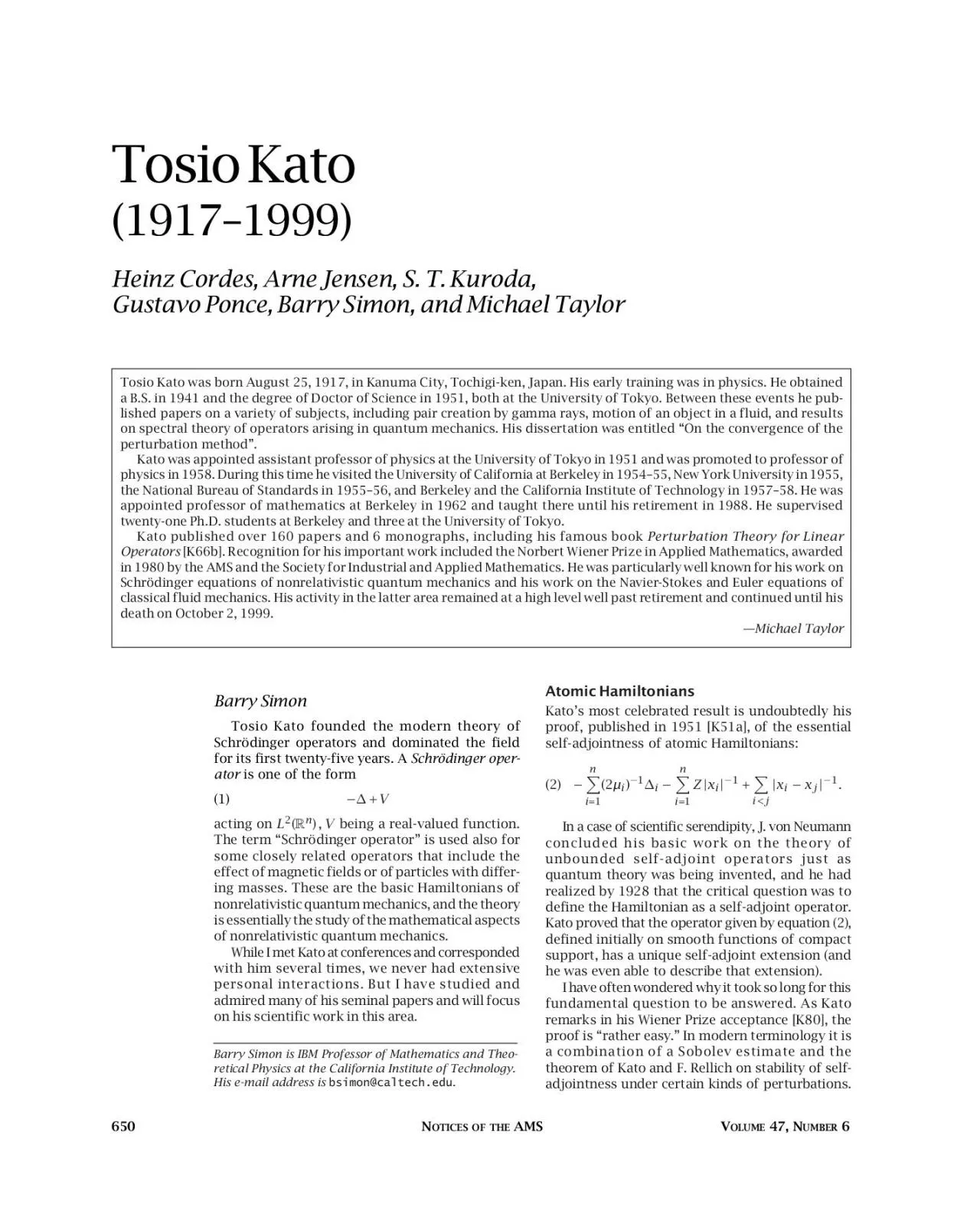 PDF-Tosio Kato(1917Ð1999)Gustavo Ponce, Barry Simon, and Michael Taylor .