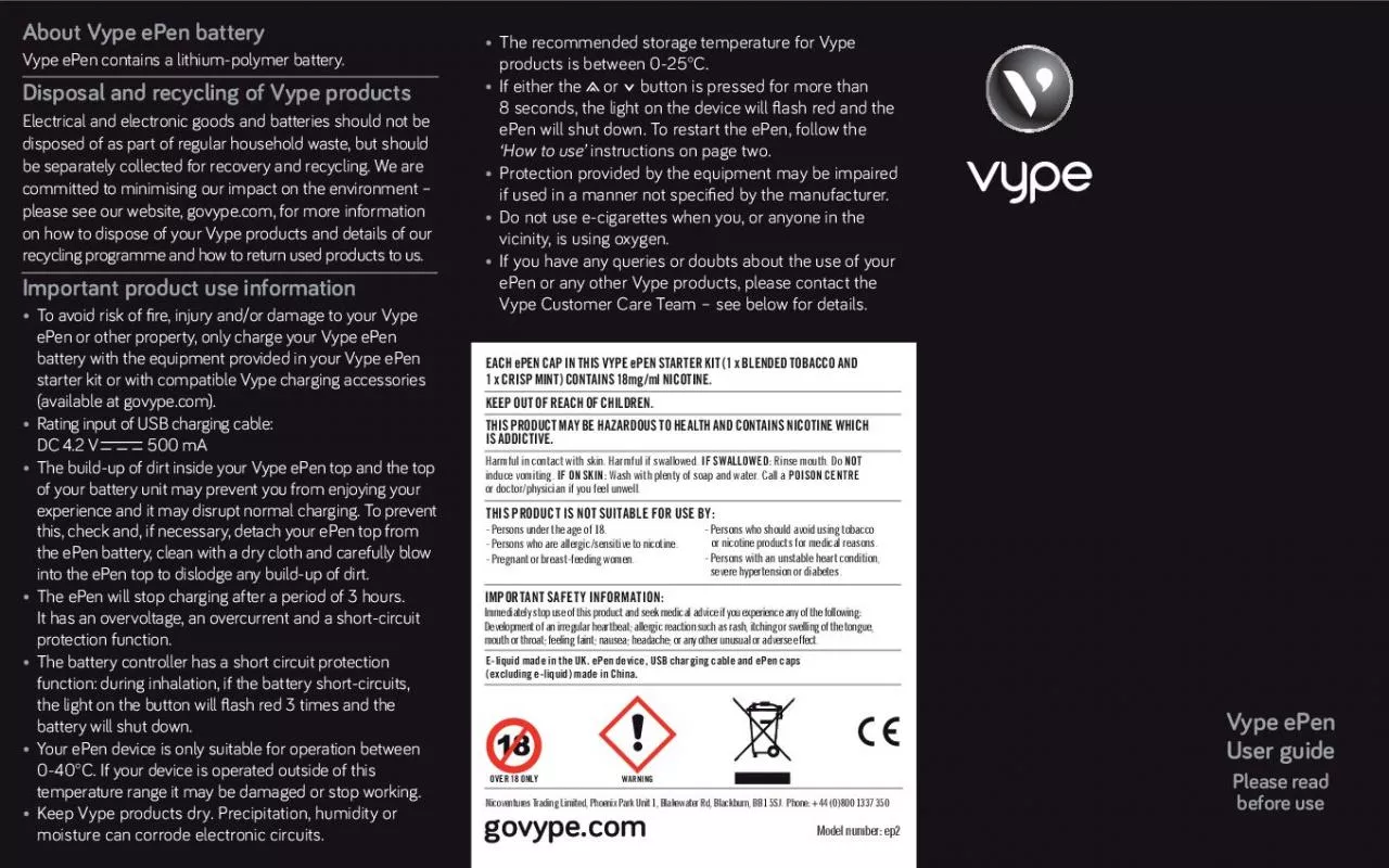 PDF-About ype een btteyVype ePen contains a lithium-polymer battery. Dspsa