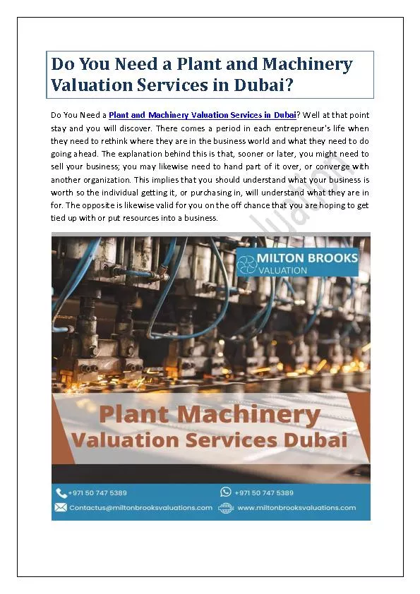 Do You Need a Plant and Machinery Valuation Services in Dubai?