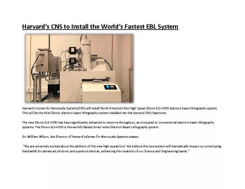Harvard’s CNS to Install the World’s Fastest EBL System