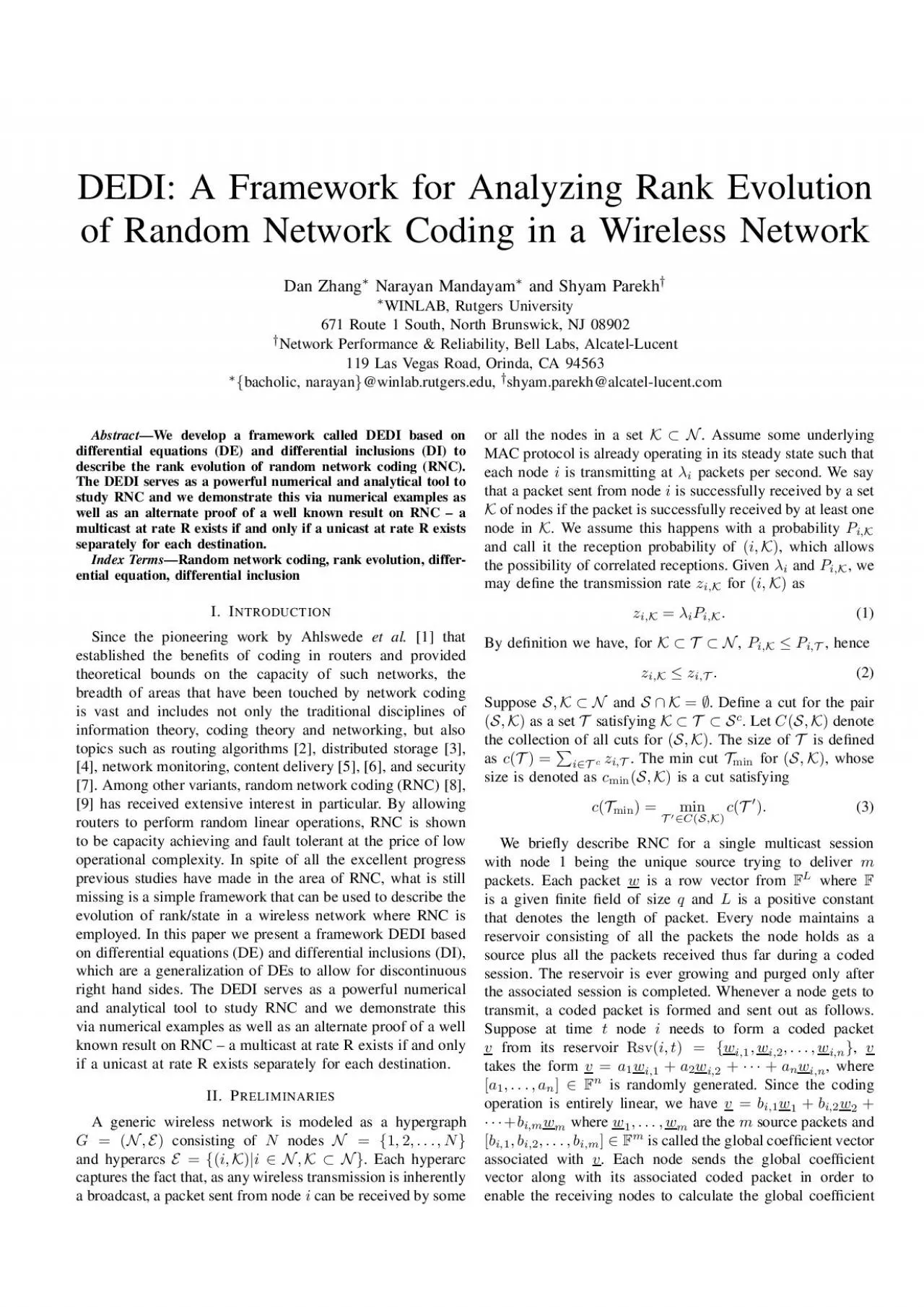 PDF-DEDI:AFrameworkforAnalyzingRankEvolutionofRandomNetworkCodinginaWirele