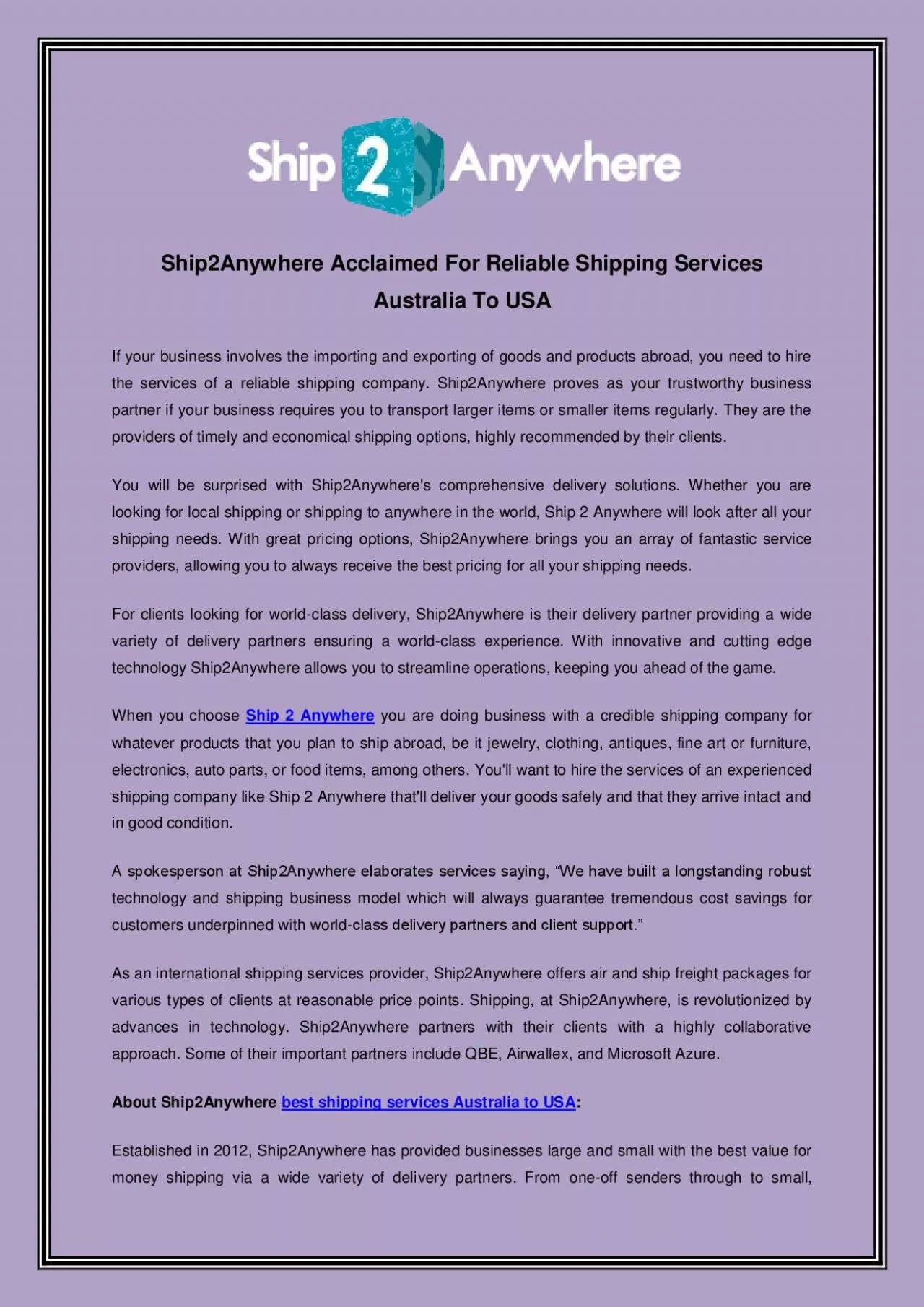 PDF-Ship2Anywhere Acclaimed For Reliable Shipping Services Australia To USA