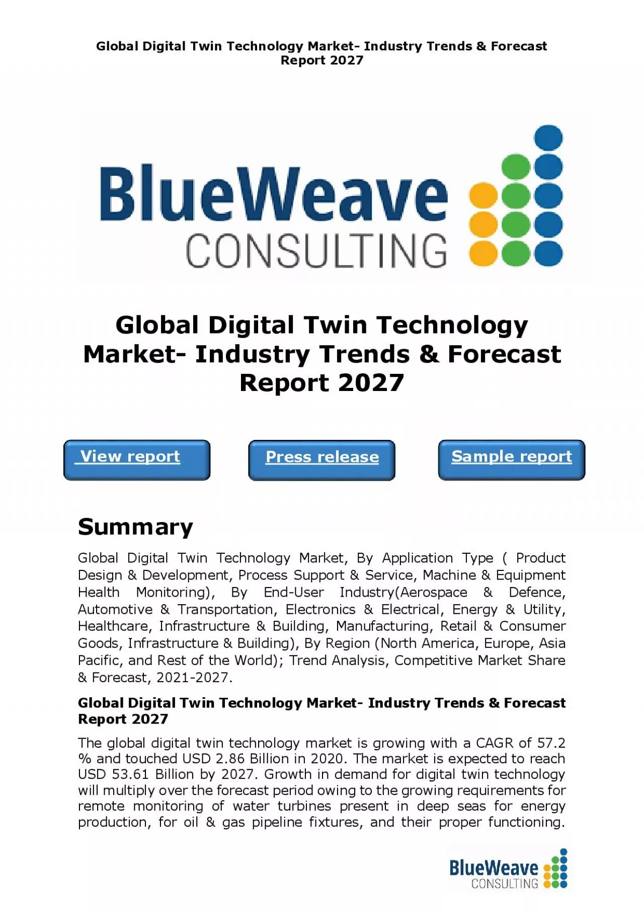 PDF-Global Digital Twin Technology Market- Industry Trends & Forecast Report 2027