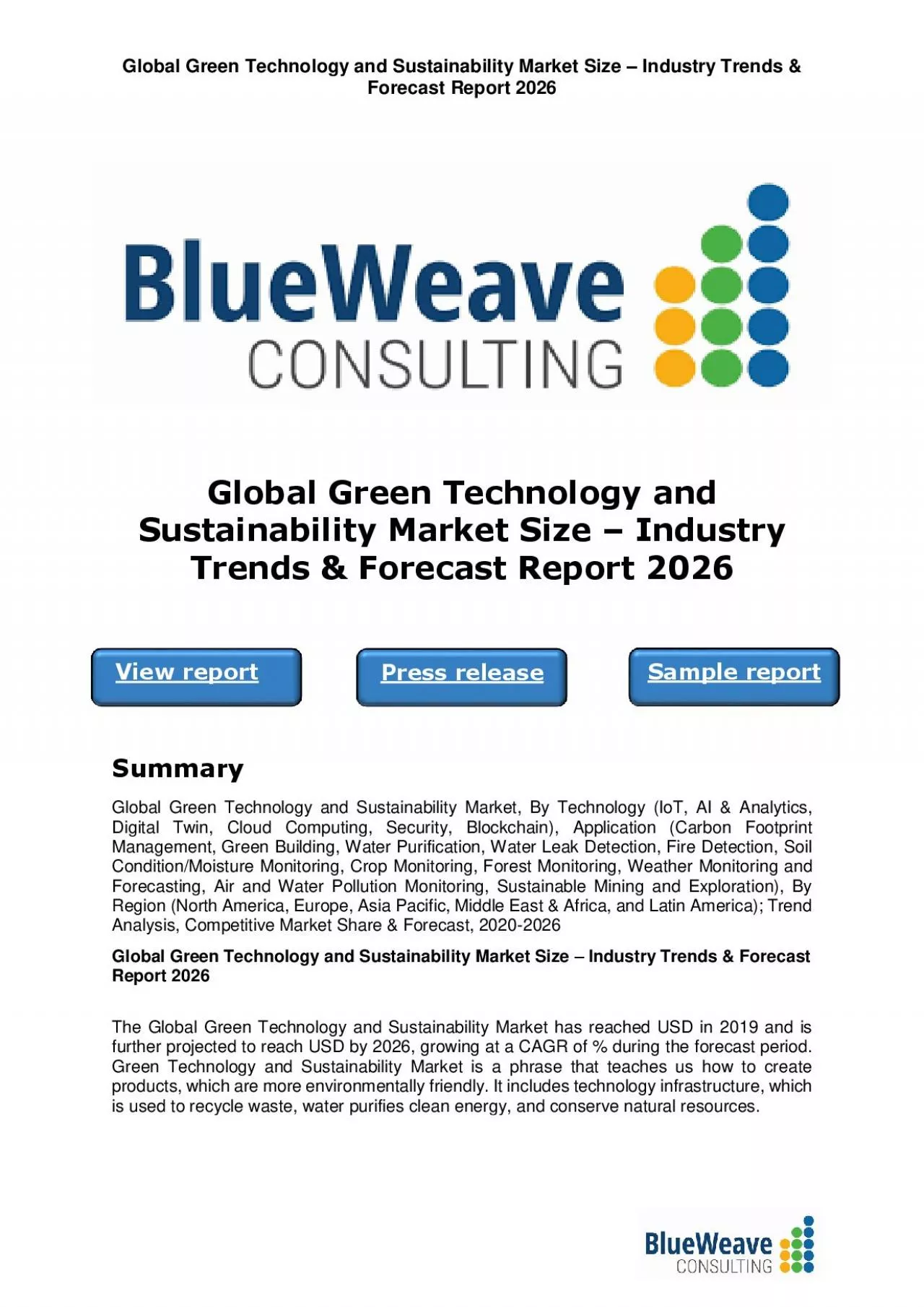 PDF-﻿Global Green Technology and Sustainability Market Size – Industry Trends & Forecast