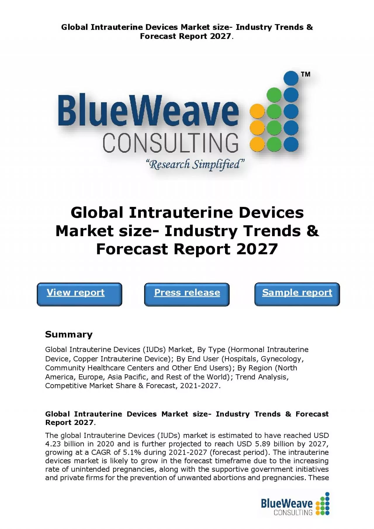 PDF-﻿Global Intrauterine Devices Market size- Industry Trends & Forecast Report 2027.