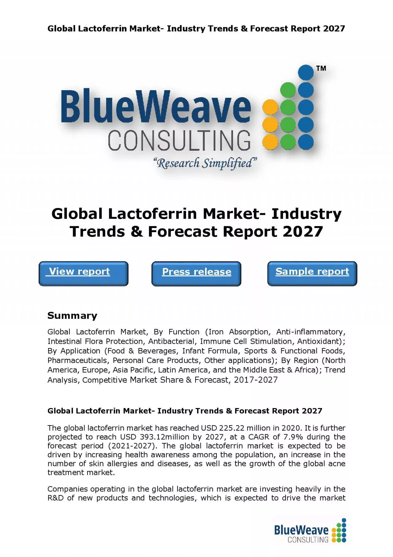 PDF-Global Lactoferrin Market- Industry Trends & Forecast Report 2027