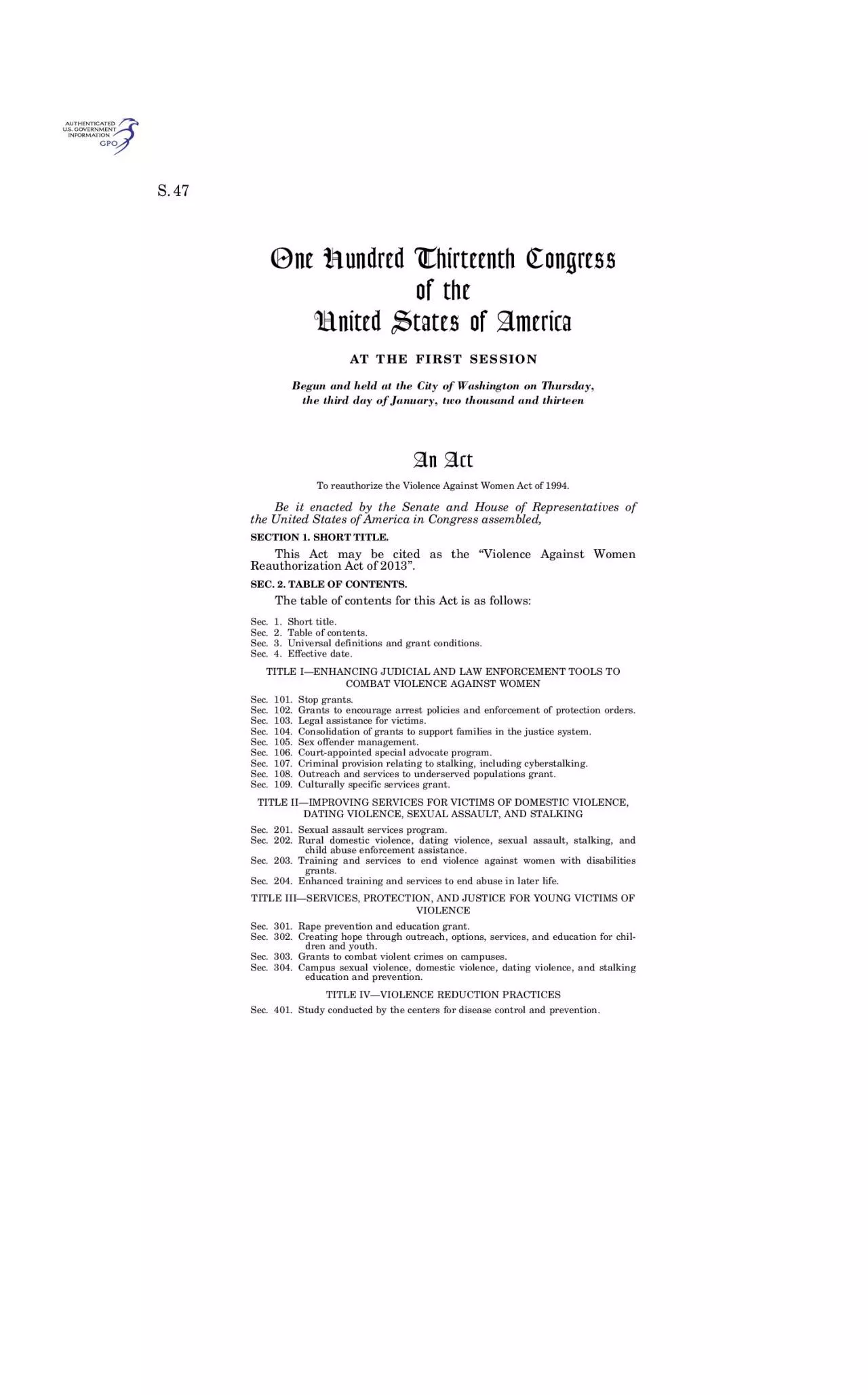 PDF-S.47AT THE FIRST SESSION Sec.1.Short title. Sec.2.Table of contents. S