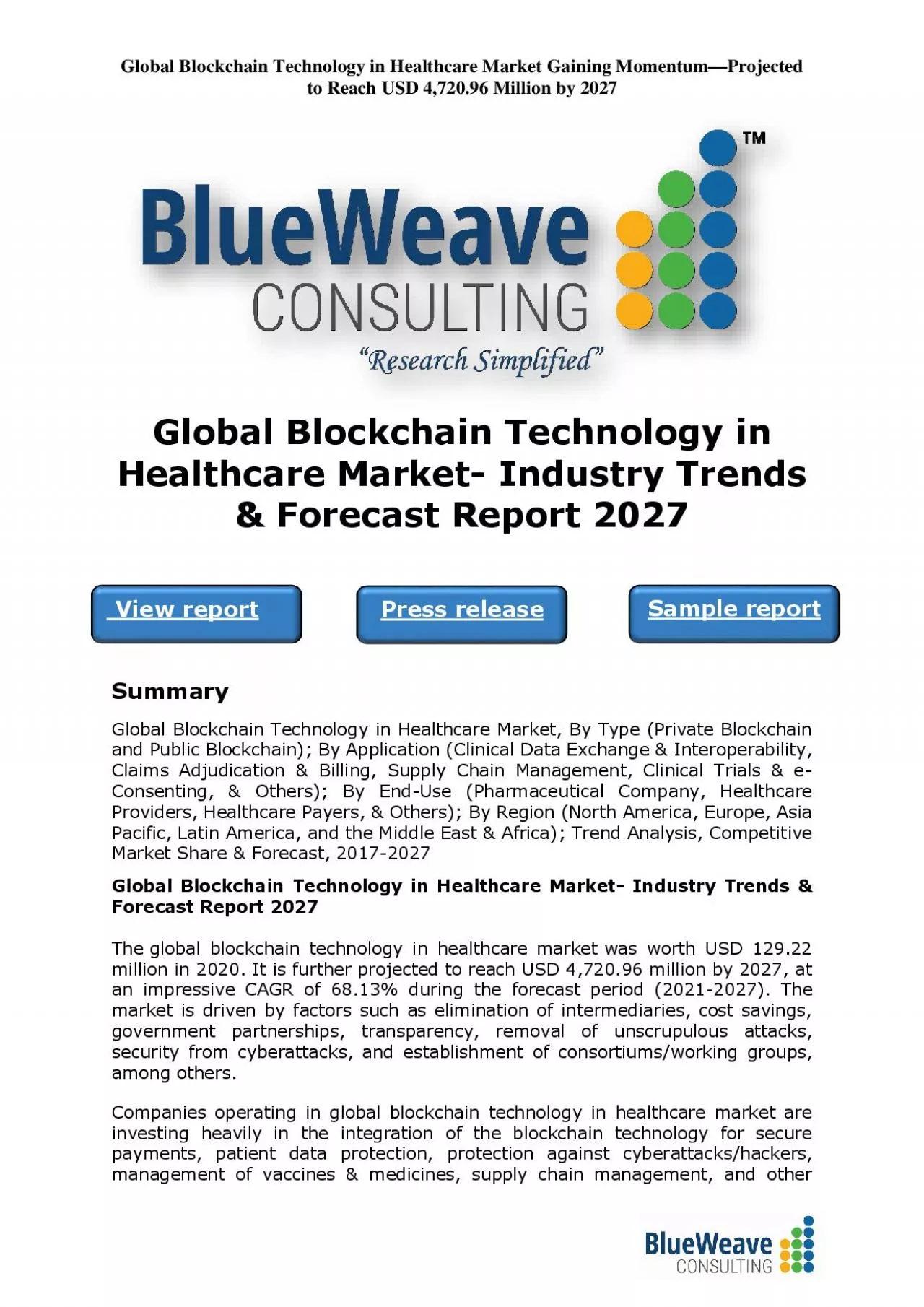 PDF-Global Blockchain Technology in Healthcare Market- Industry Trends & Forecast Report 2027