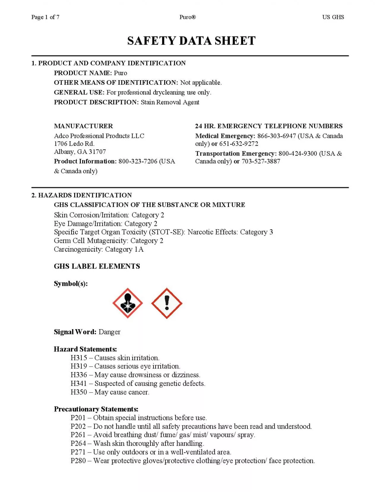 PDF-Danger Hazard Statements: H315