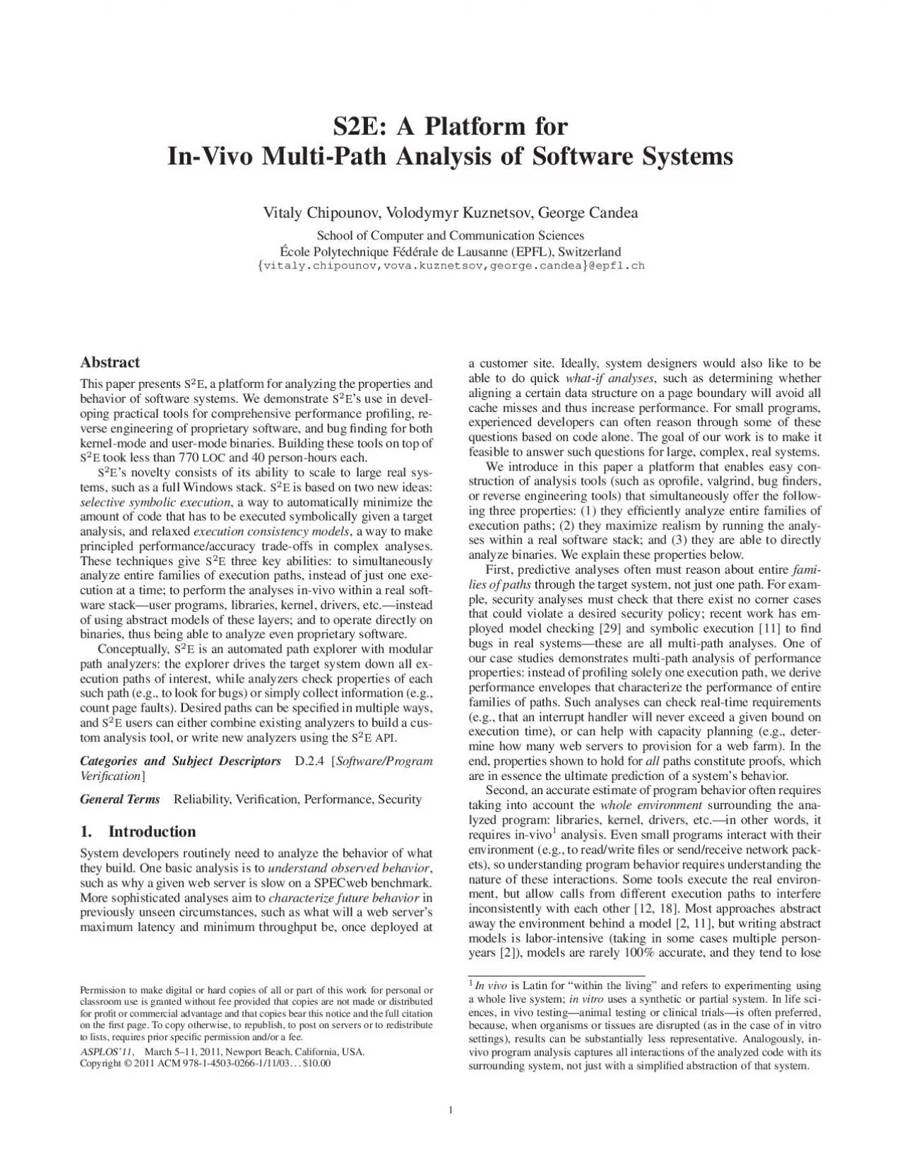 PDF-S2E:APlatformforIn-VivoMulti-PathAnalysisofSoftwareSystemsVitalyChipou