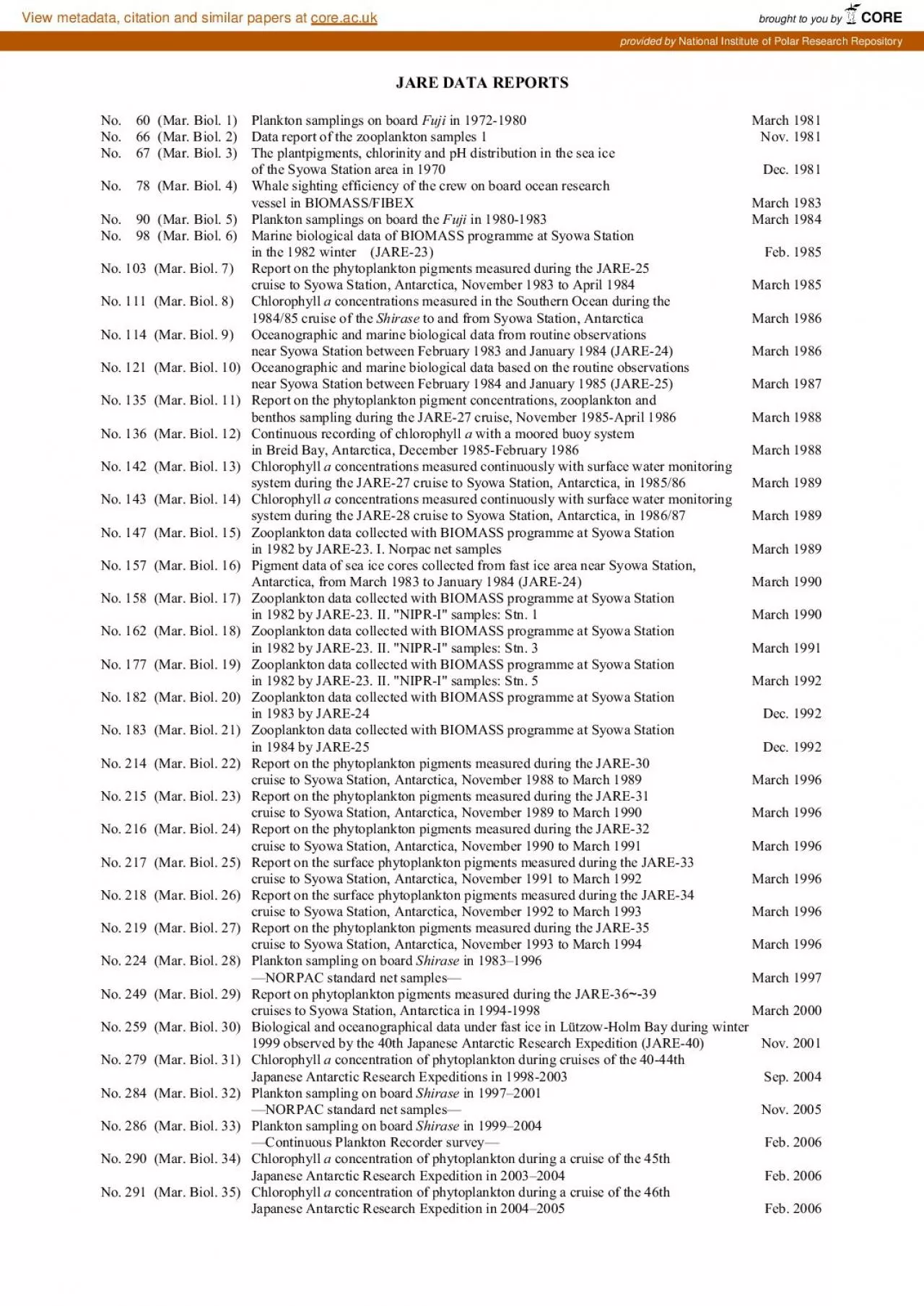 PDF-JARE DATA REPORTS No. 60 (Mar. Biol. 1) Plankton samplings on board