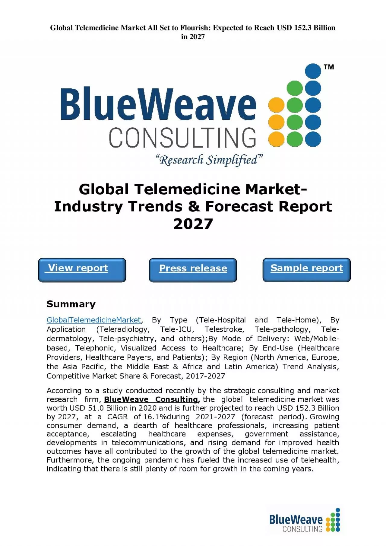 PDF-Global Telemedicine Market- Industry Trends & Forecast Report 2027