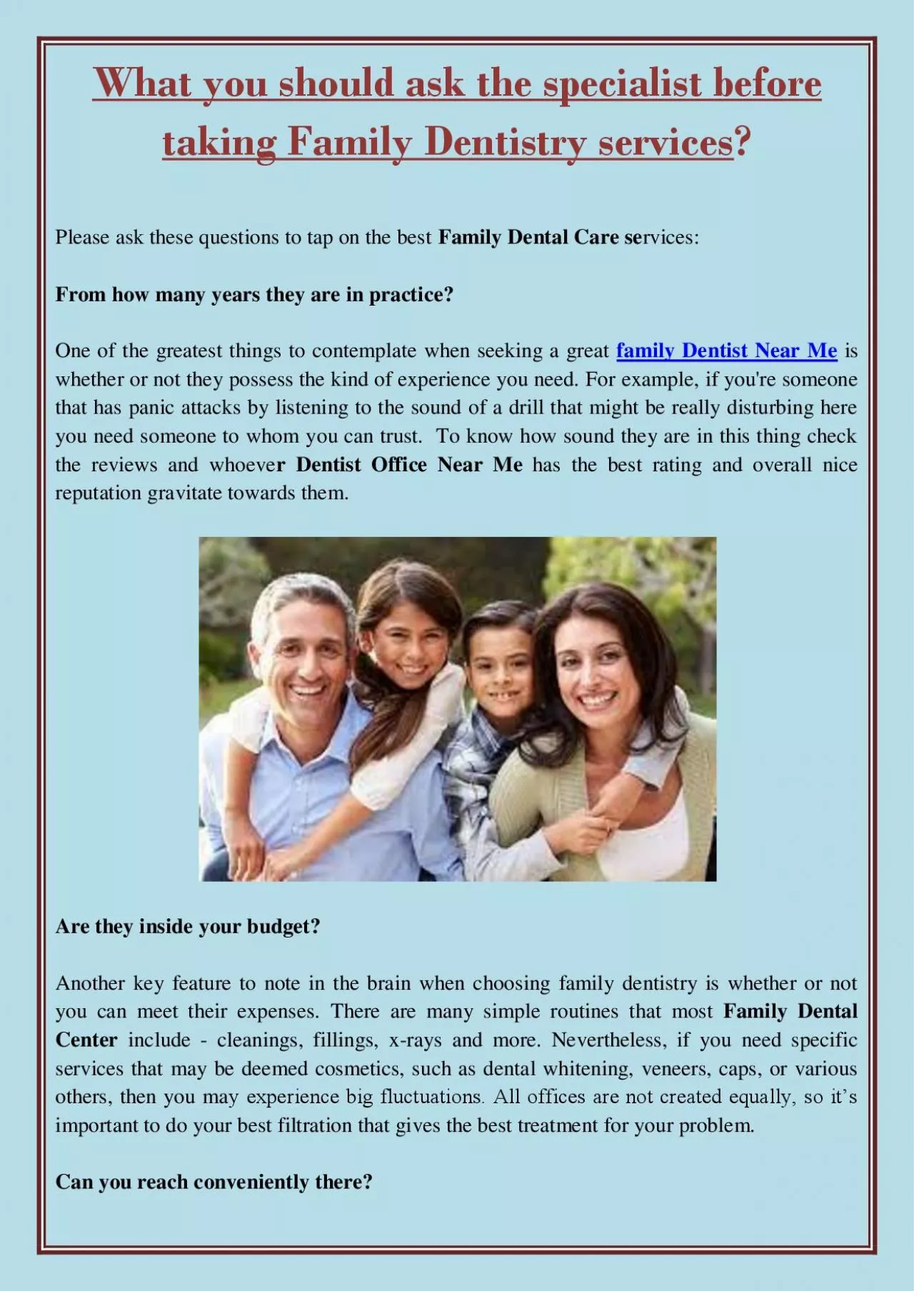 PDF-What you should ask the specialist before taking Family Dentistry services?