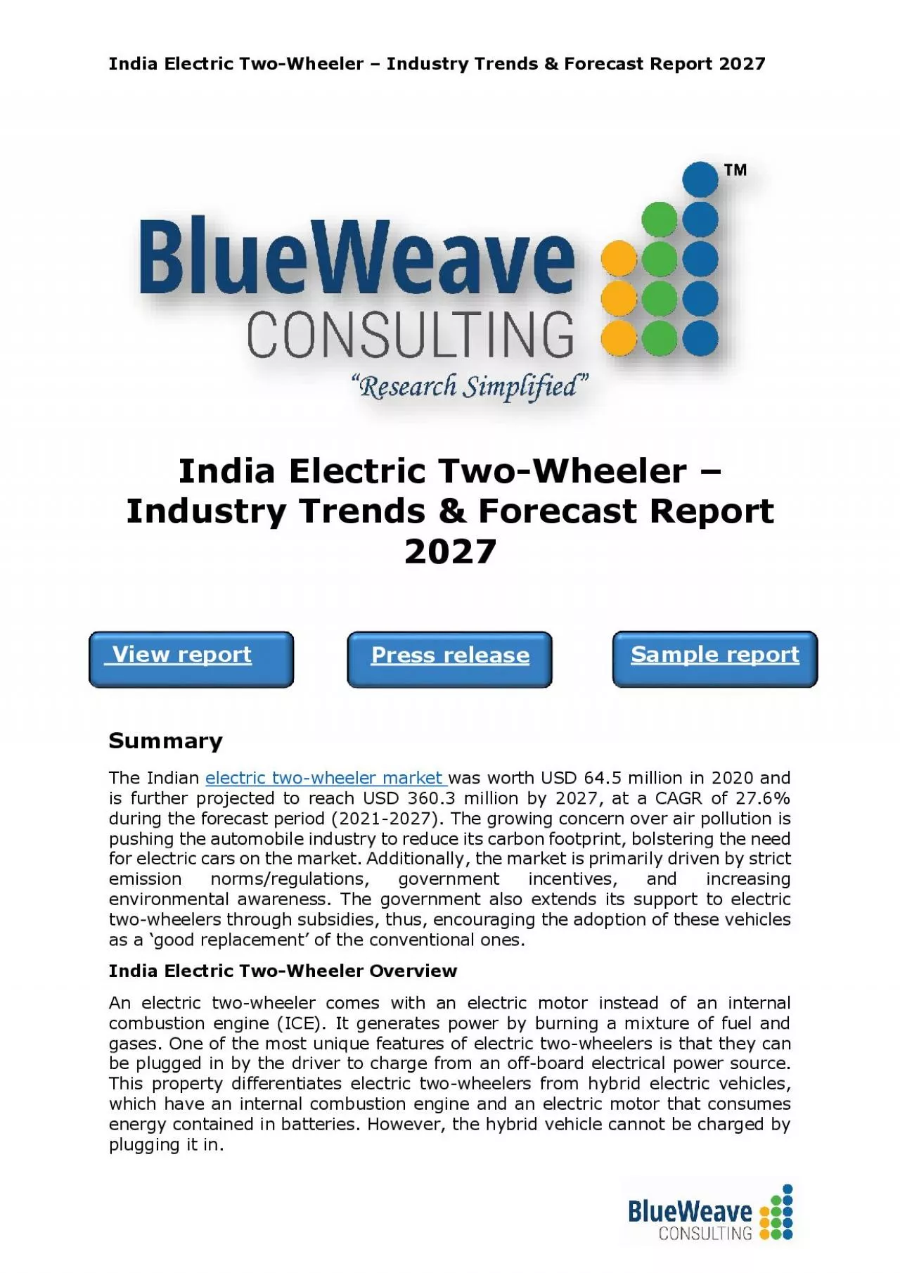 PDF-India Electric Two-Wheeler – Industry Trends & Forecast Report 2027