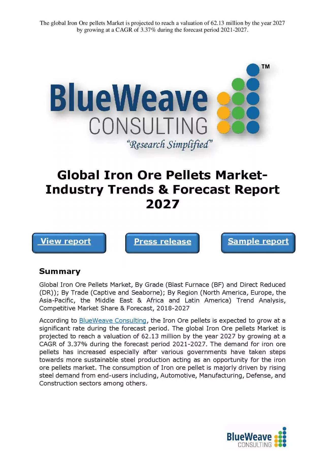 PDF-﻿GlobalIron Ore Pellets Market- Industry Trends & Forecast Report 2027