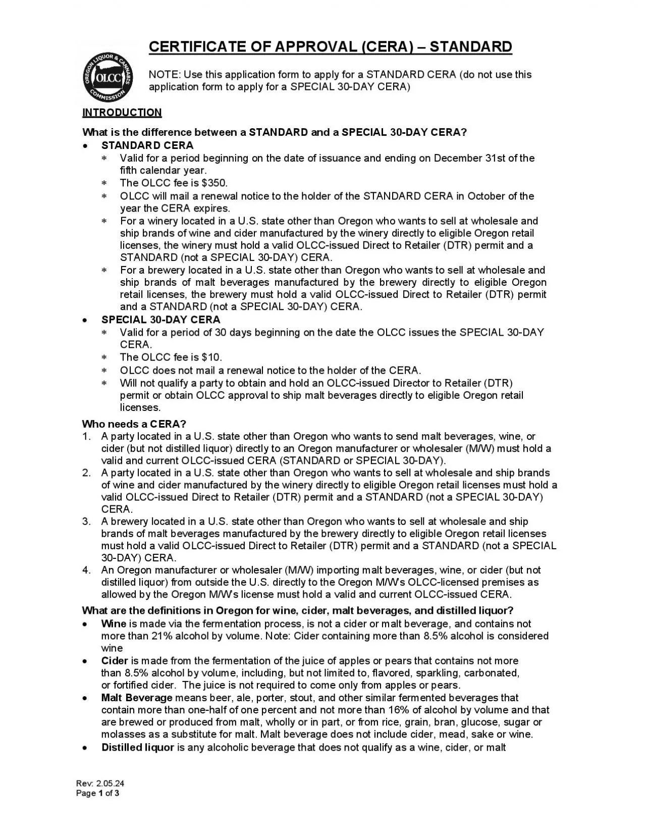 PDF-regon Liquor Control Commission CERTIFICATE OF APPROVAL (CERA) APPLICA