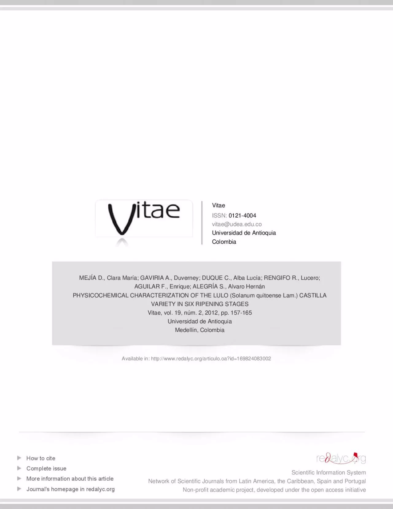 PDF-VITAE, REVISTA DE LA FACULTAD DE Q嗍MICA FARMAC준UTICAISSN 0121-4004