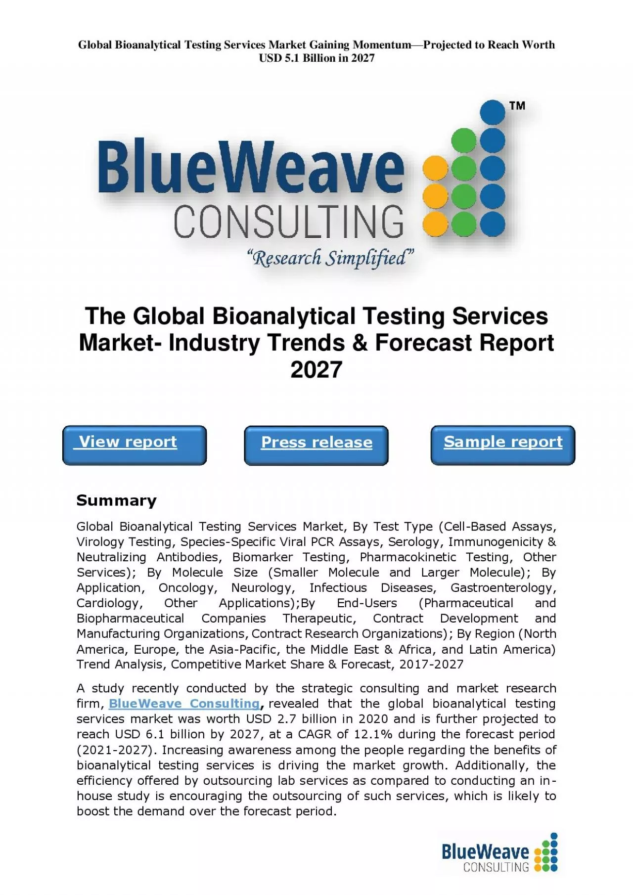 PDF-The Global Bioanalytical Testing Services Market- Industry Trends & Forecast Report 2027