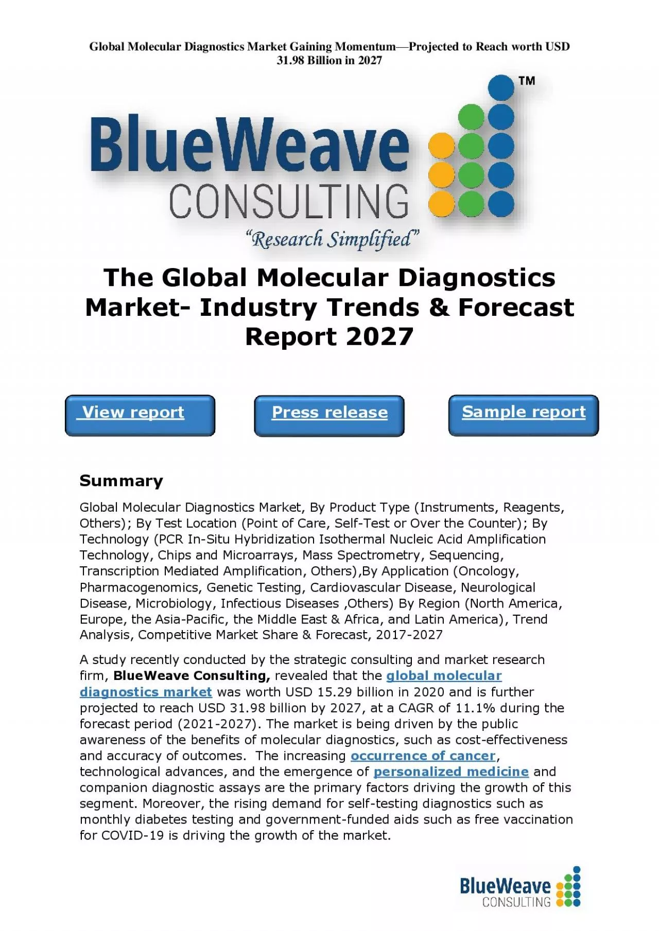 PDF-﻿The Global Molecular Diagnostics Market- Industry Trends & Forecast Report 2027