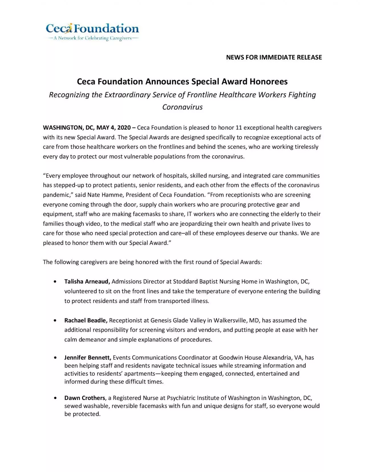 PDF-NEWS FOR IMMEDIATE RELEASECeca Foundation Announces Special Award Hono