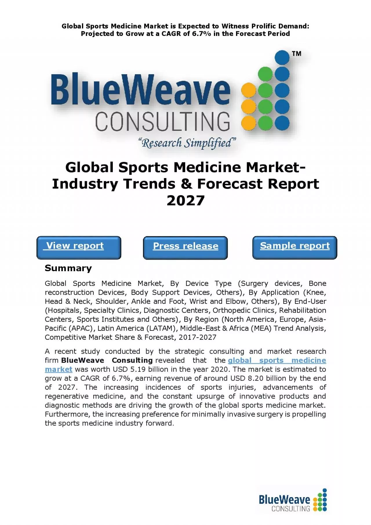 PDF-Global Sports Medicine Market- Industry Trends & Forecast Report 2027