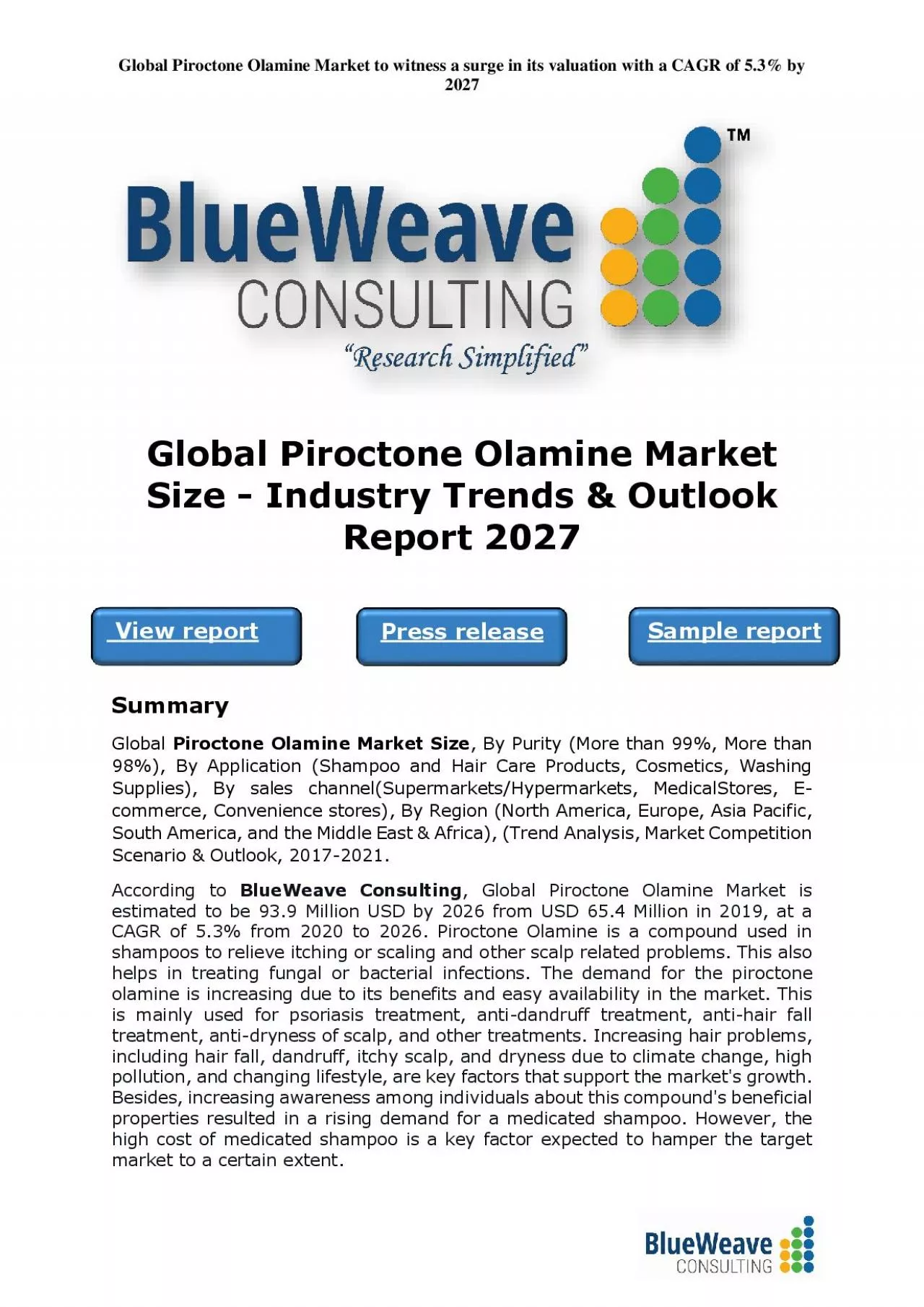 PDF-Global Piroctone Olamine Market Size - Industry Trends & Outlook Report 2027