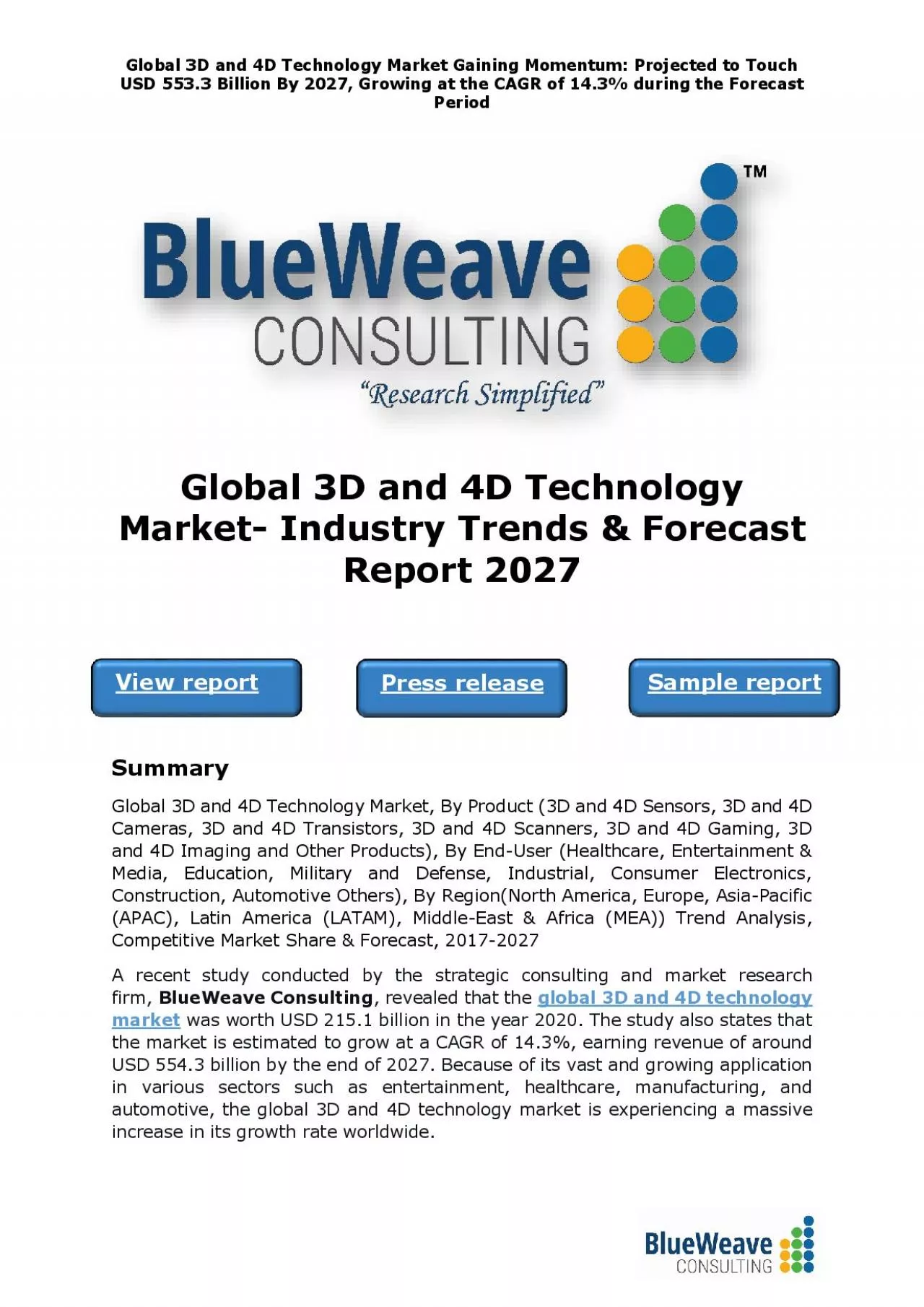 PDF-Global 3D and 4D Technology Market- Industry Trends & Forecast Report 2027