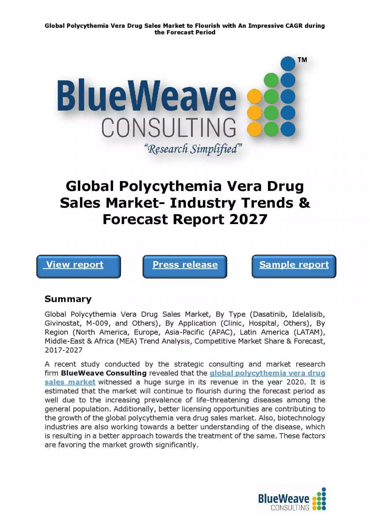 PDF-Global Polycythemia Vera Drug Sales Market- Industry Trends & Forecast Report 2027