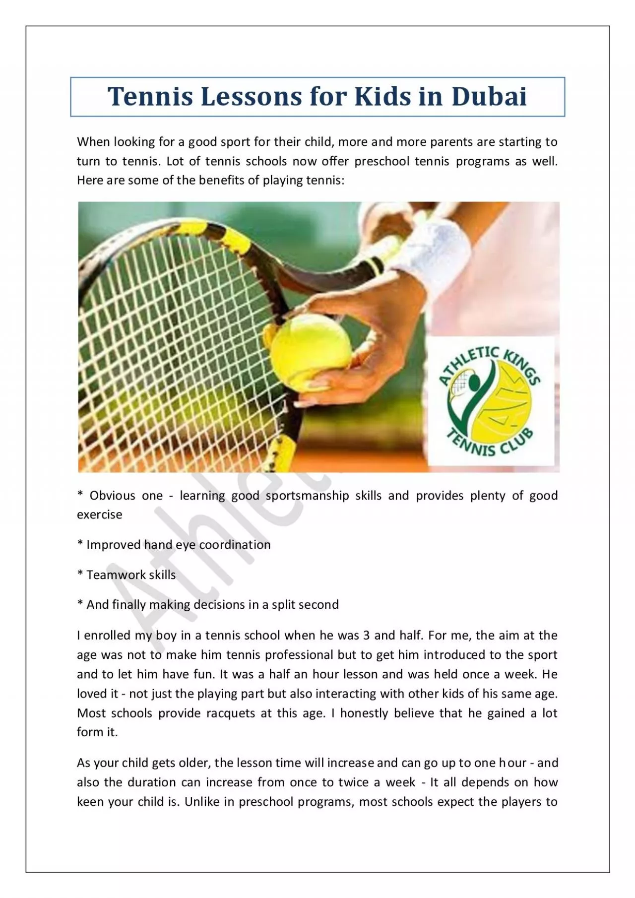 PDF-Tennis Lessons for Kids in Dubai